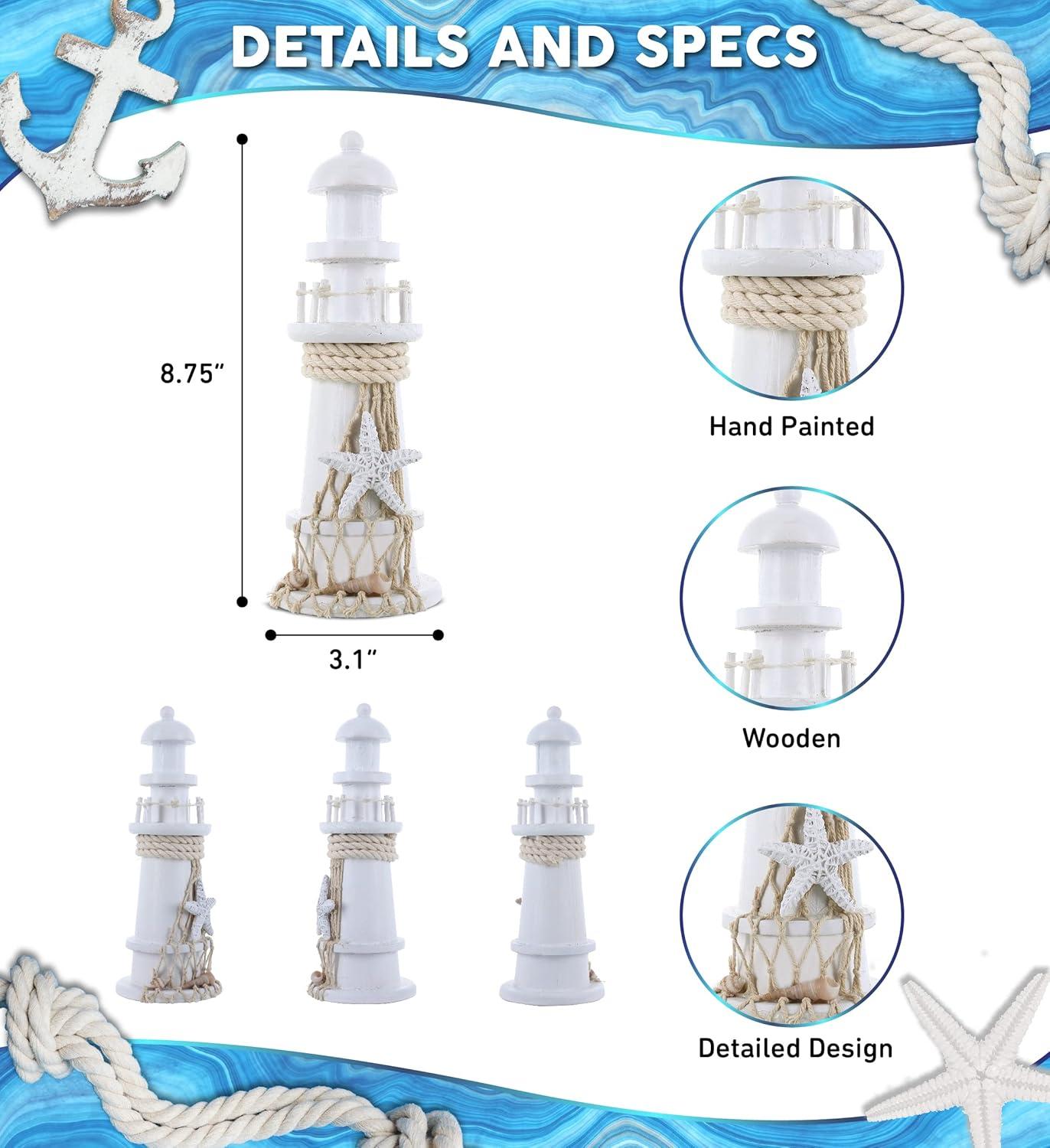 Handcrafted White Wooden Lighthouse Figurine with Starfish Decor