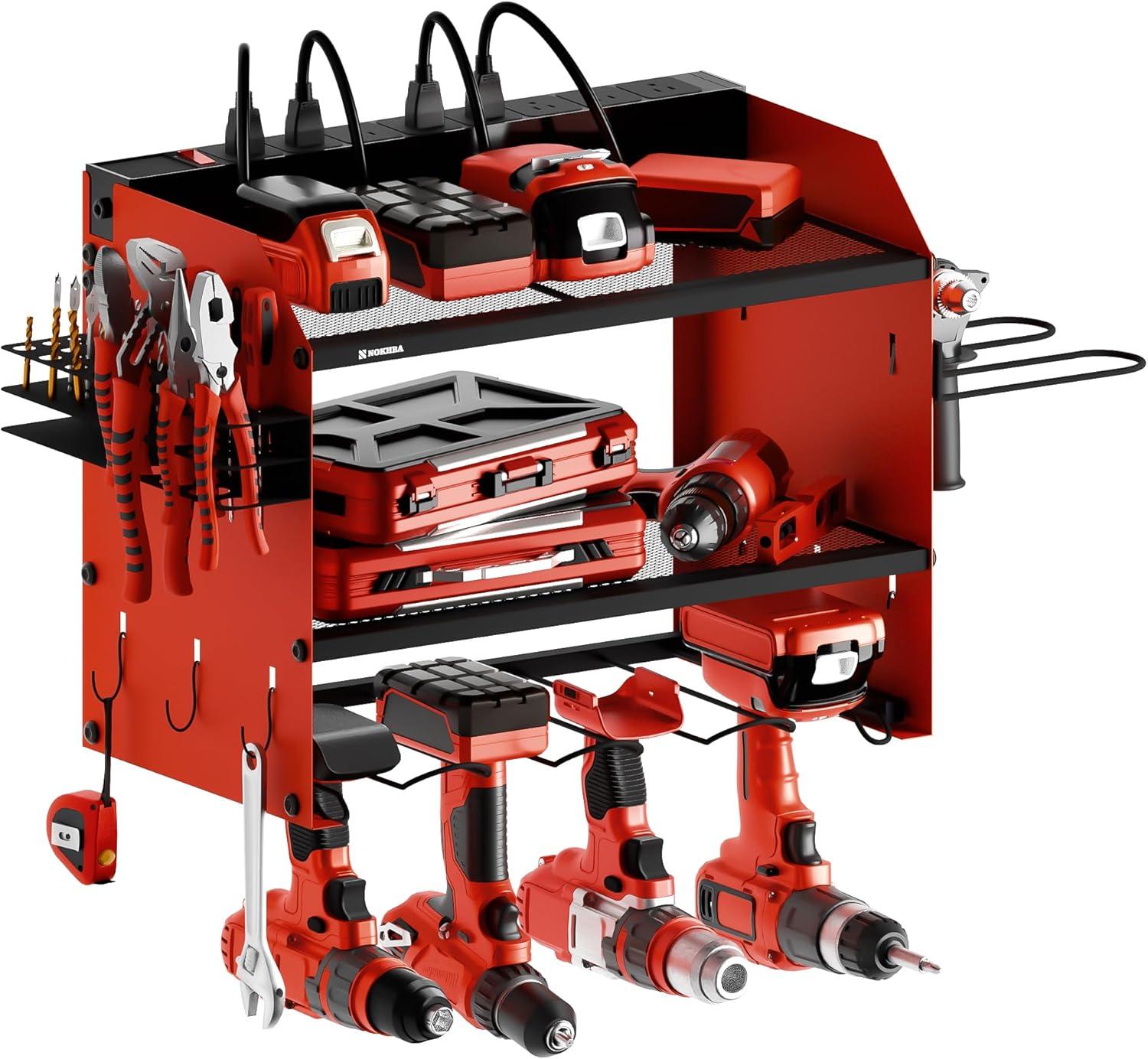 Modular Power Tool Organizer Wall Mount and Tool Charging Station. Garage 4 Drill Storage Shelf with Hooks, Heavy Duty Drill Holder Wall Mount, Tool Battery Holder Built in 8 Outlet Power Strip