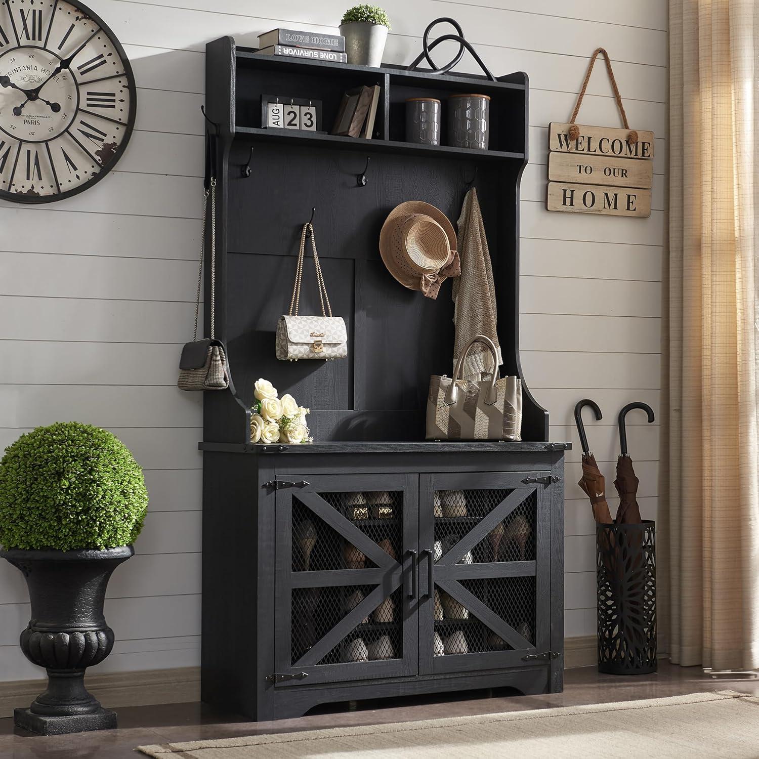 T4TREAM Farmhouse Entryway Hall Tree with Bench and Shoe Storage, Coat Rack with Coat Hooks, White