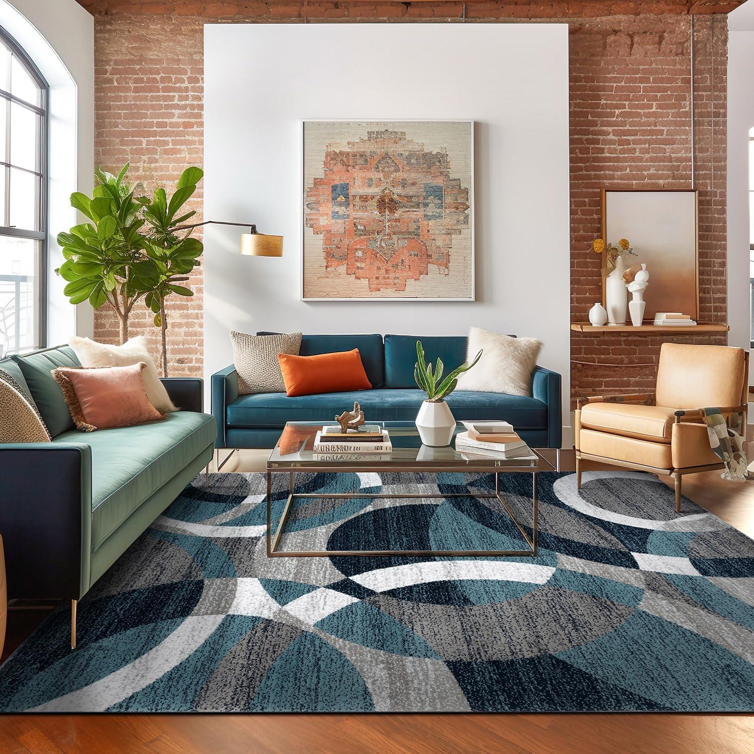 World Rug Gallery Geometric Circles Blue 7'10" x 10'2" Area Rug:  Abstract,  Pet Friendly,  Stain-Resistant,  Low Pile