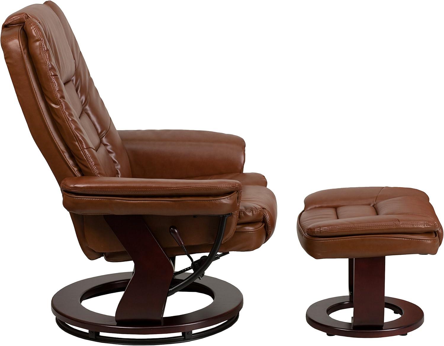 Brown Leather Swivel Recliner with Mahogany Wood Base