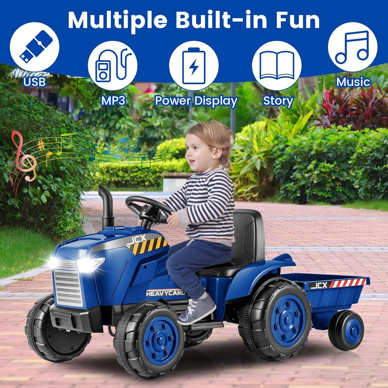 OLAKIDS 12V Kids Ride on Tractor, Battery Powered Motorized Electric Car with Trailer, Dual Motors, Remote Control, Light, Music, USB, Toddler Vehicle Toys for Boys Girls