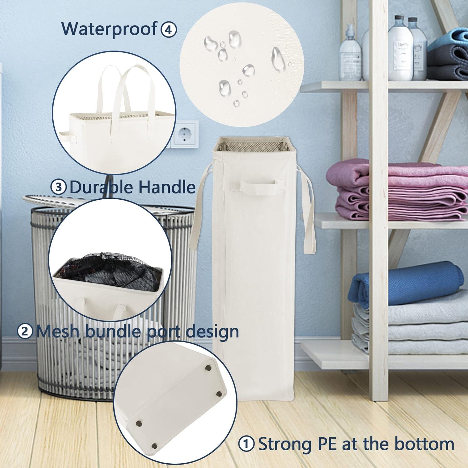 Beige Collapsible Slim Laundry Hamper with Handles