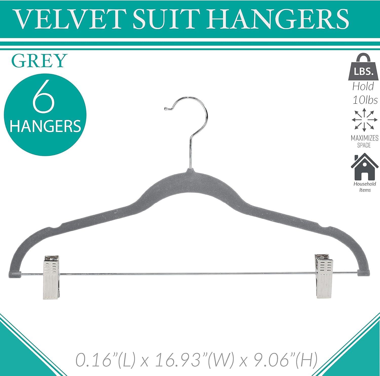 Gray Velvet Suit Hangers with Clips - Set of 6