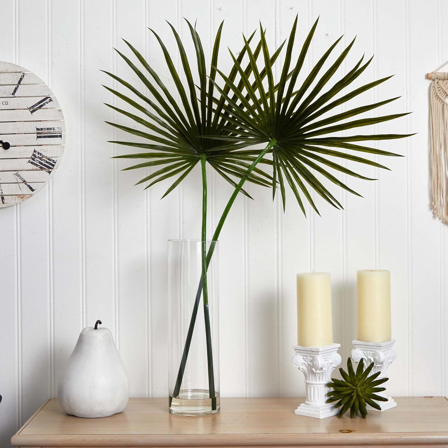 Nearly Natural 49" x 40" Artificial Fan Palm Arrangement in Glass Vase: Indoor Faux Foliage, Tabletop Decor