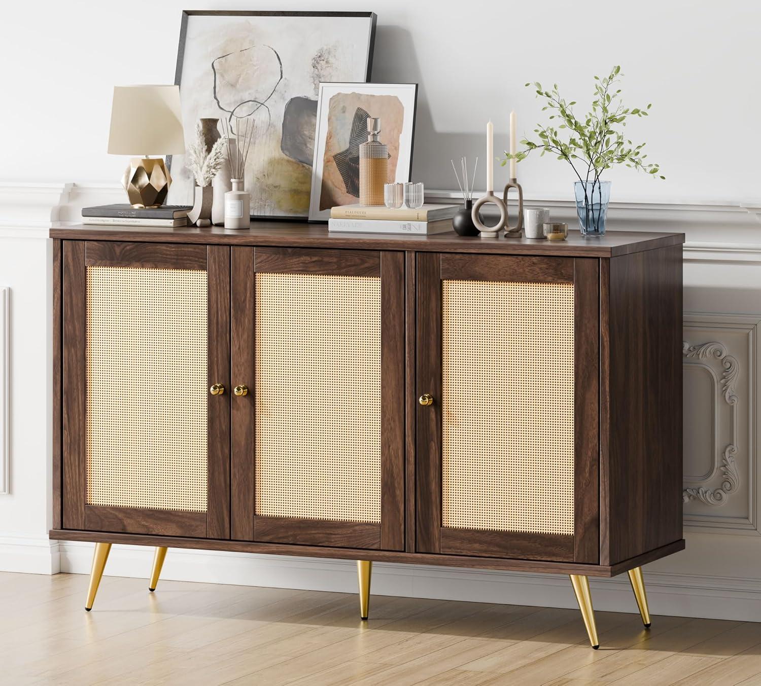 Walnut and Rattan 3-Door Accent Storage Cabinet