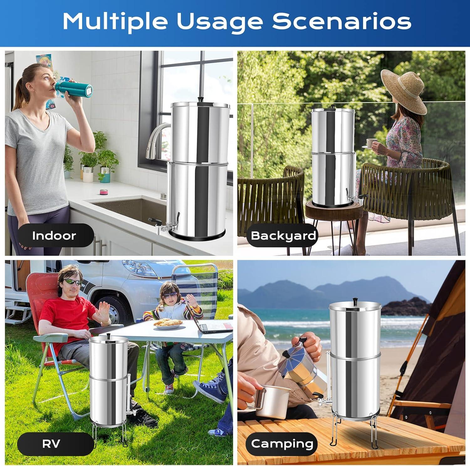 Kselythan Gravity Water Supply Filtration System 304 Stainless Steel Countertop Filtration System with 2 Carbon Black Filters and Water Level Faucet & Bracket 2.25G, Suitable for Family Camping RV Off