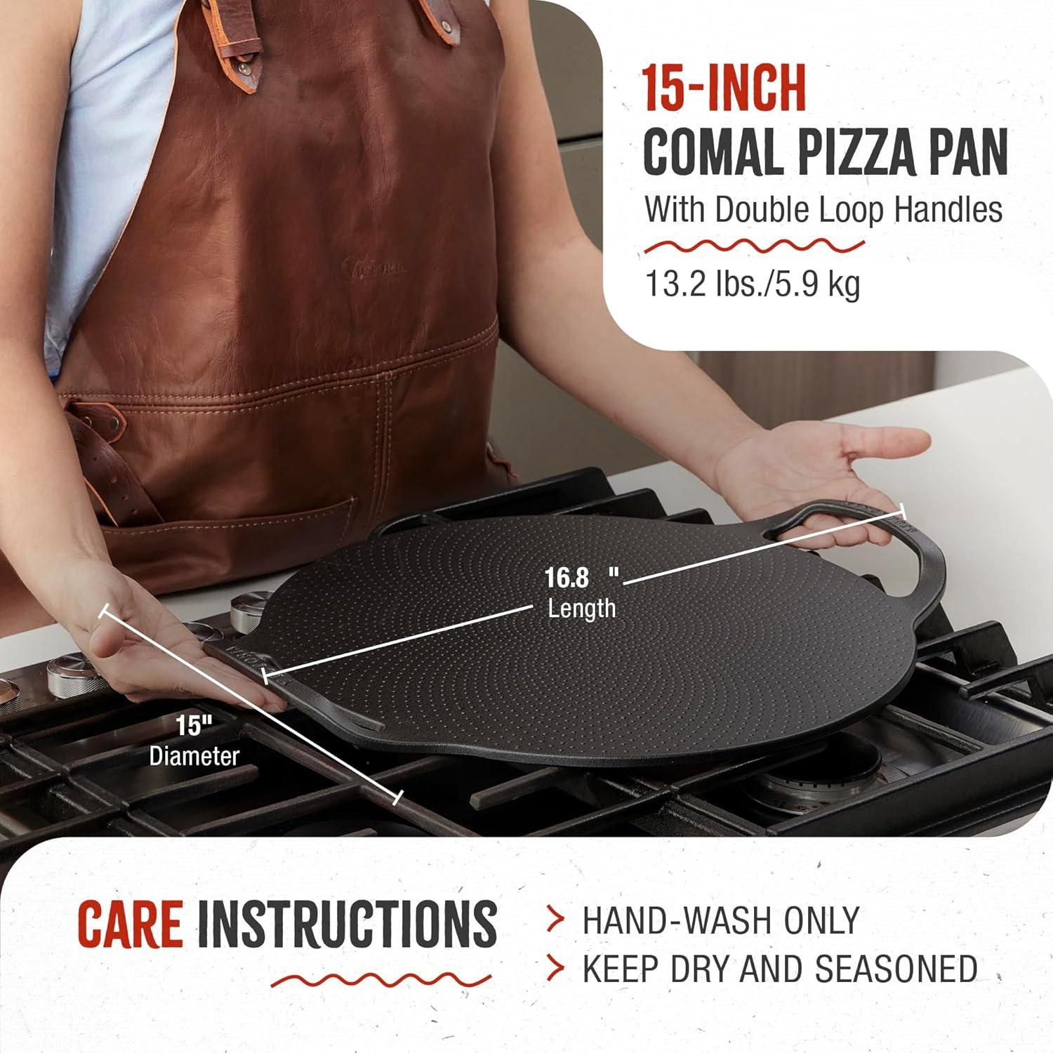 Victoria 15-Inch Black Cast Iron Pizza Pan with Handles