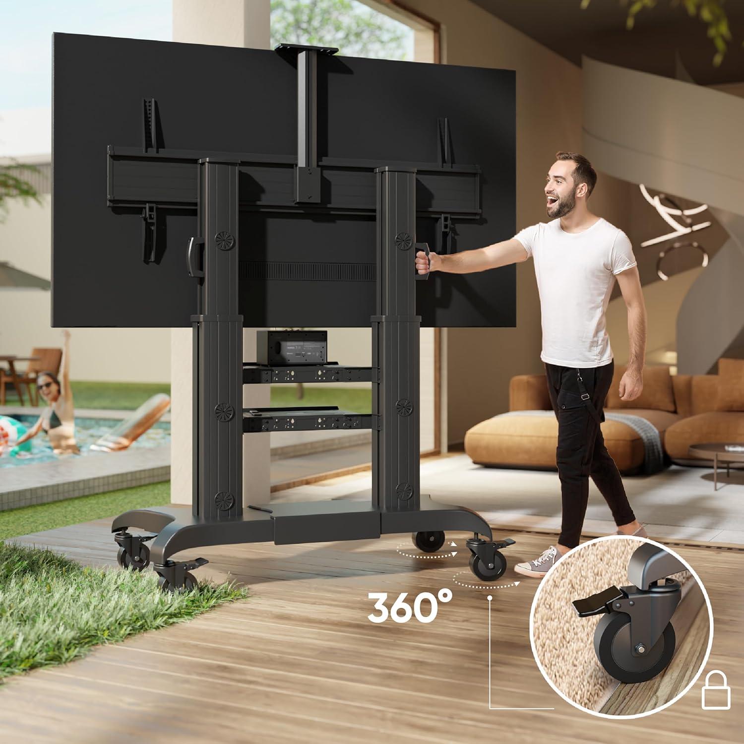 ONKRON Mobile TV Stand for 60-100 Inch Flat/Curved TV up to 301 lbs, Heavy Duty TV Stand Height Adjustable