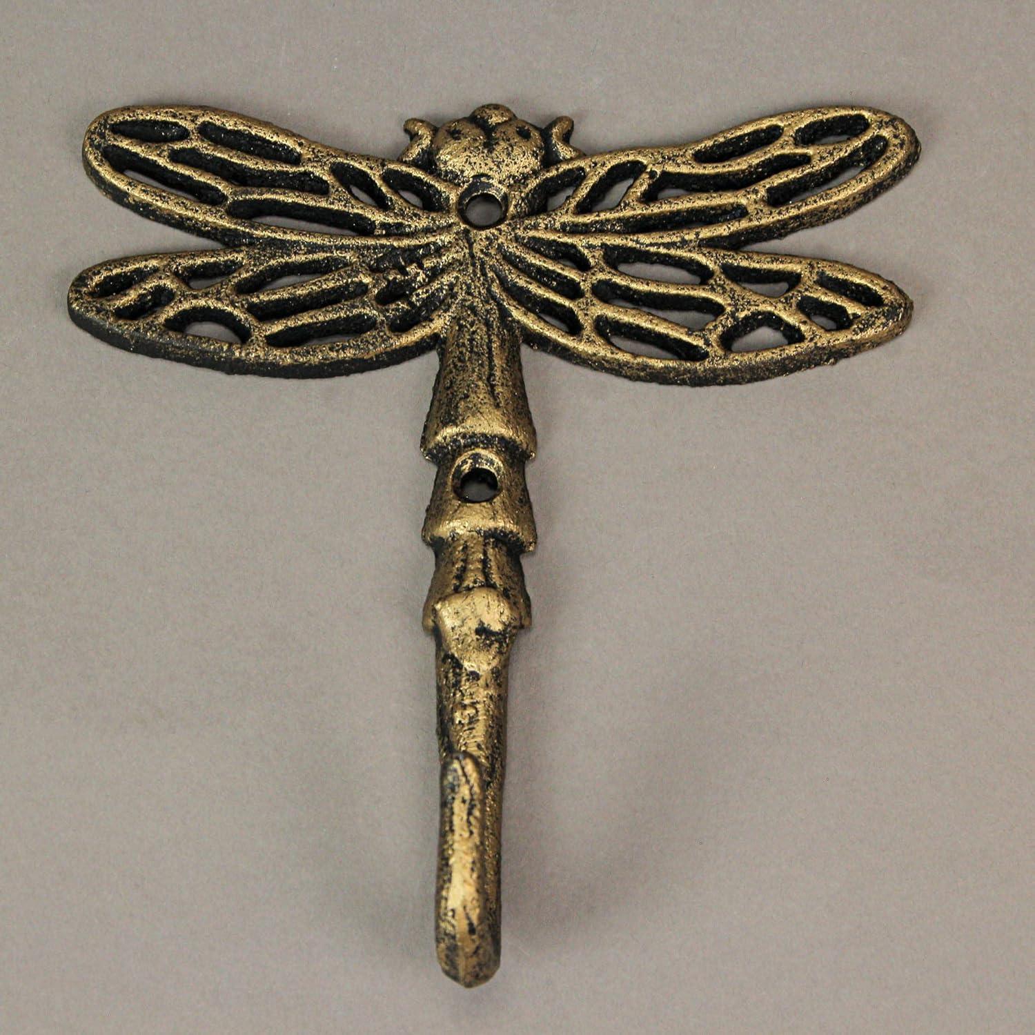 Zeckos Gold Cast Iron Dragonfly Wall Hook 5 inch Home Decor Set of 3