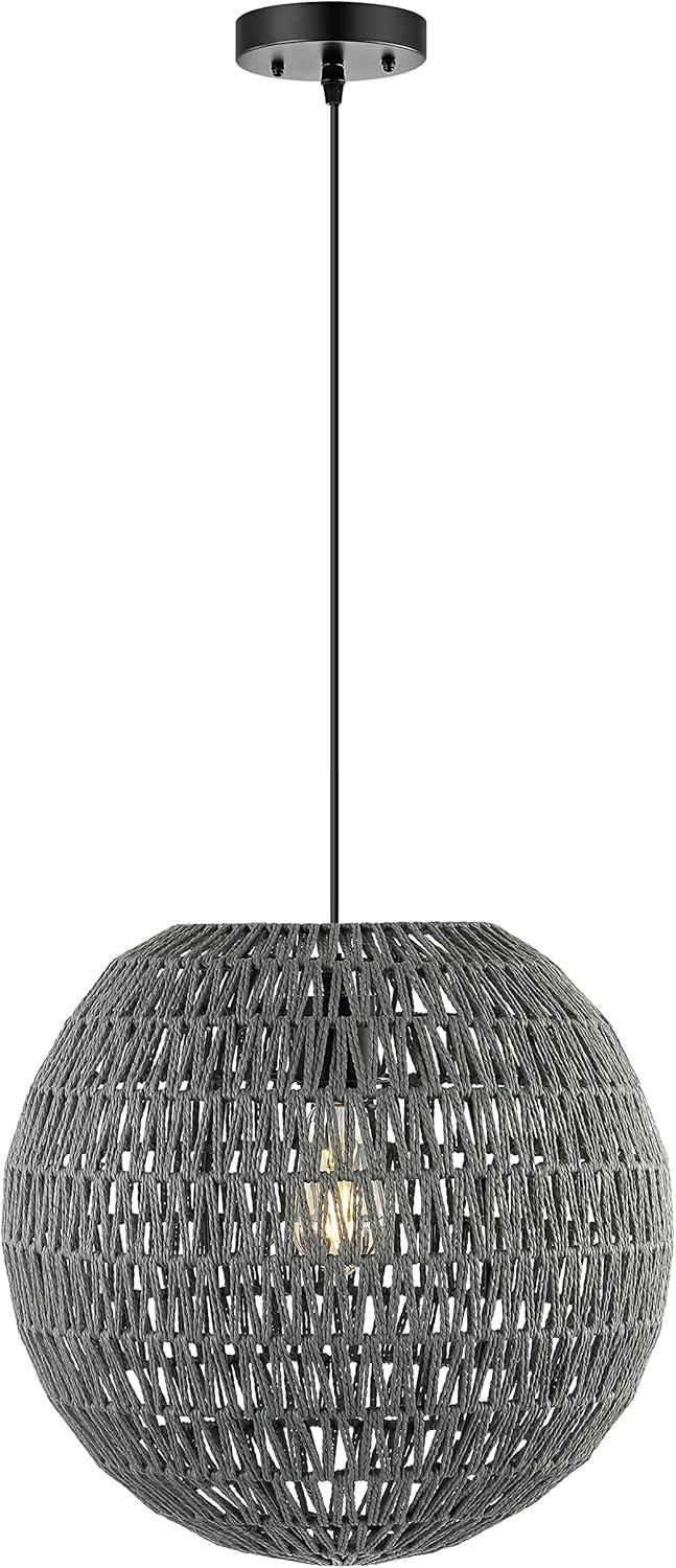 Luna 15.75" 1-Light Bohemian Modern Woven Rattan/Iron LED Pendant, Grey/Black