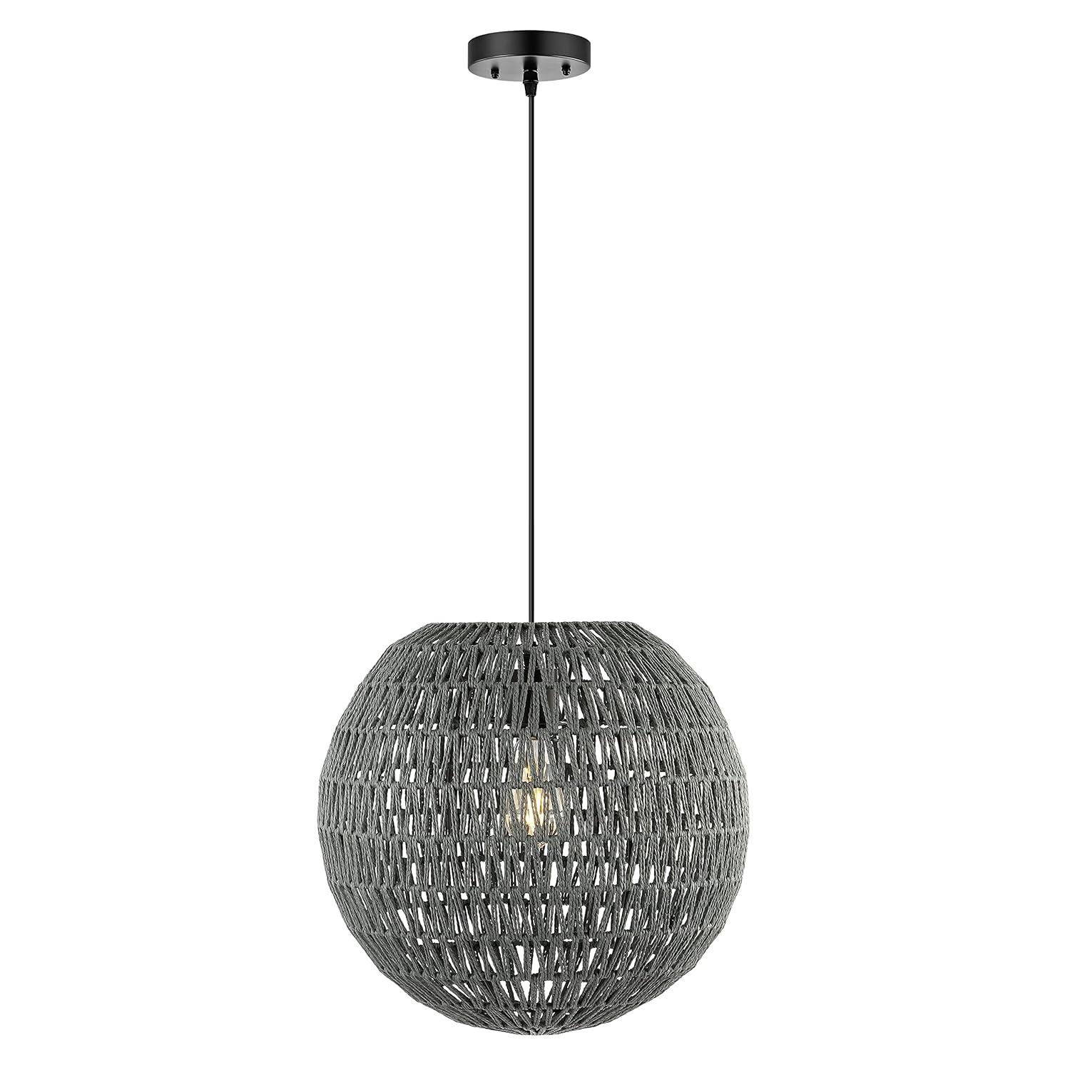 Luna 15.75" 1-Light Bohemian Modern Woven Rattan/Iron LED Pendant, Grey/Black