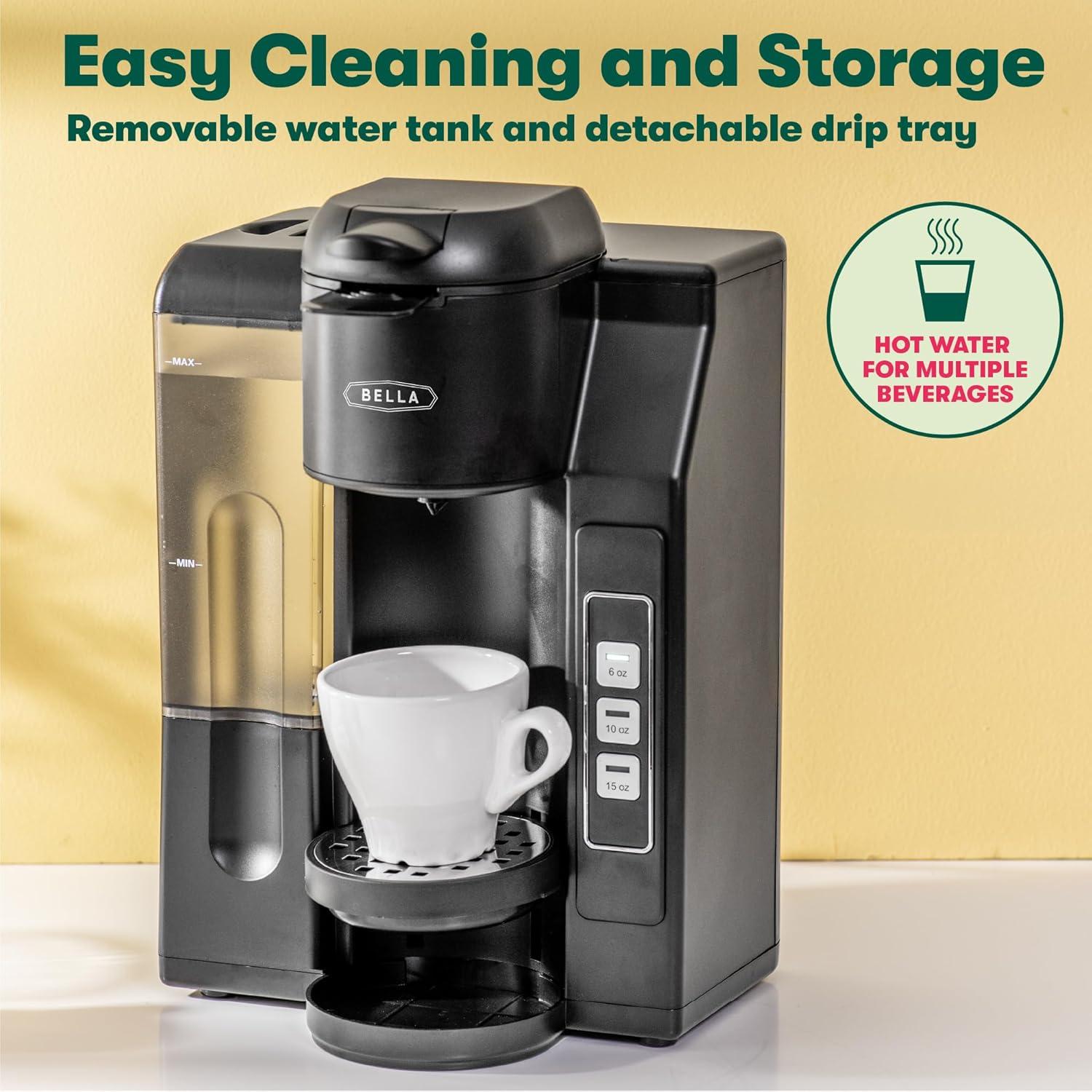 BELLA Single Serve Coffee Maker, Dual Brew K-Cup Pod or Ground Coffee Brewer, Large Removable Water Tank, Black