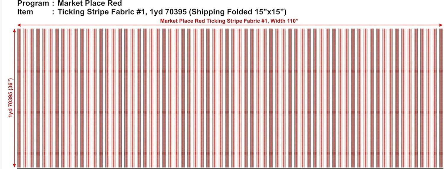 Piper Classics Market Place Red Ticking Stripe Bulk Yardage, One Yard, 36" x 110" Wide