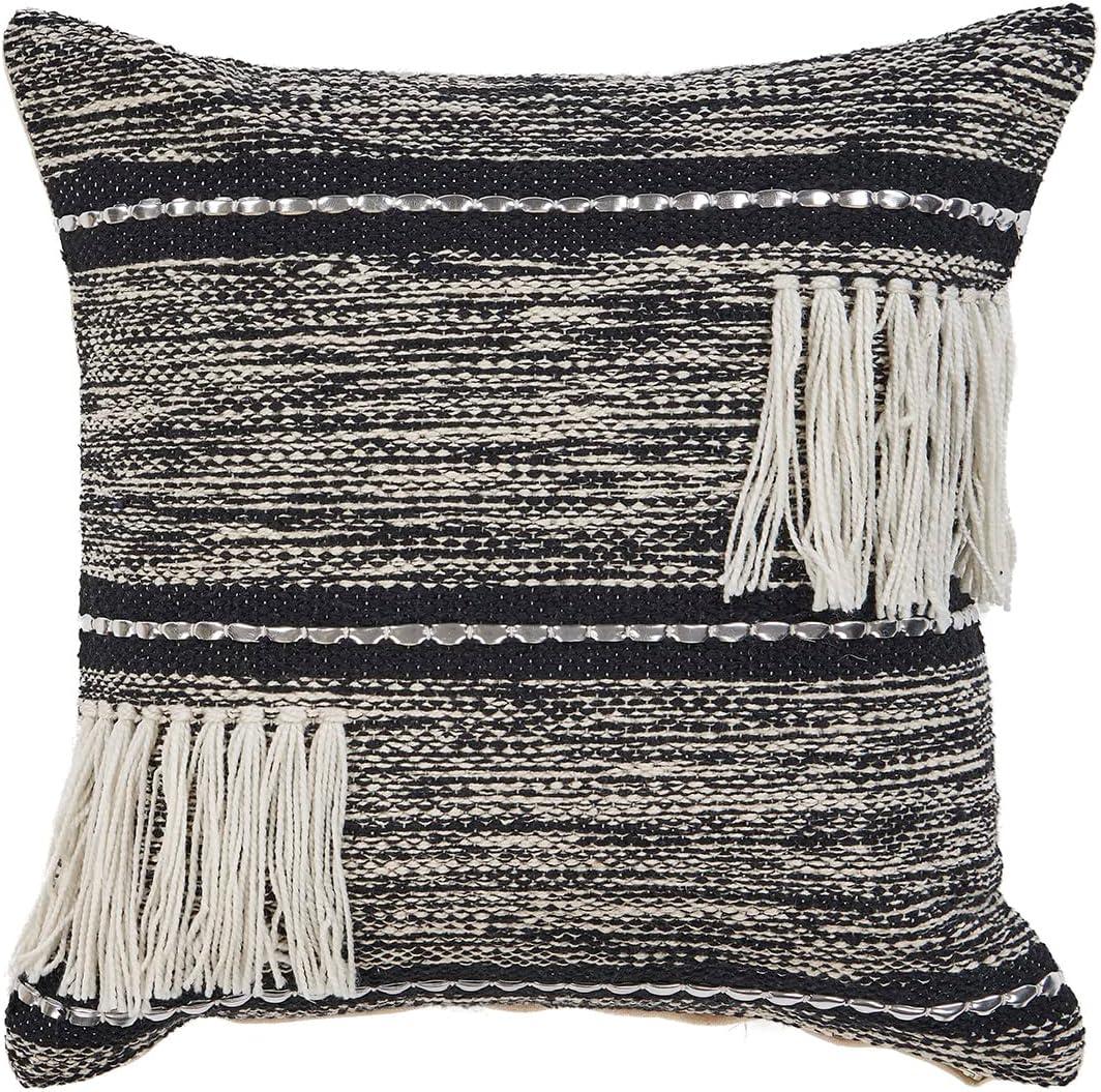 Ox Bay 18" x 18" Hand-Woven Black/ White Distressed Organic Cotton Pillow Cover