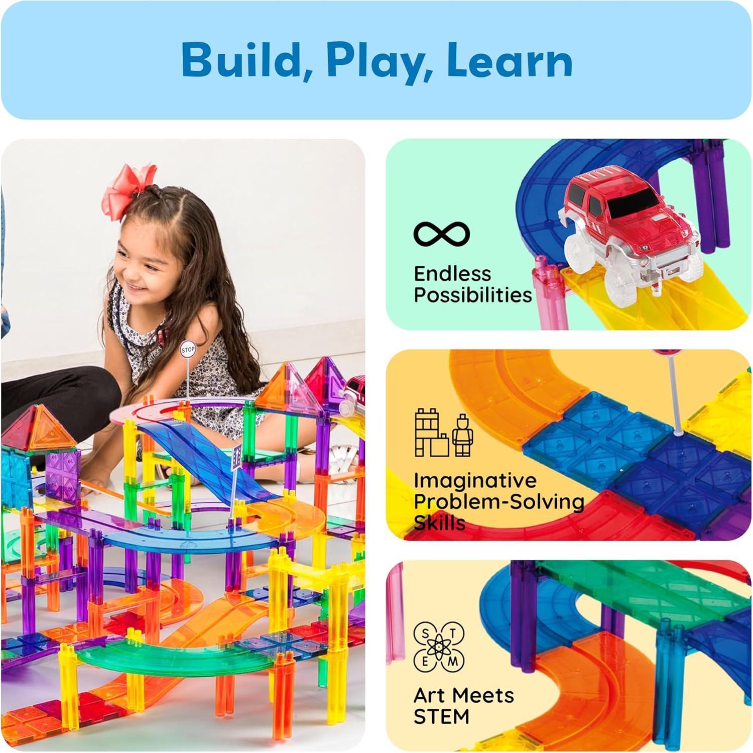 PICASSO-TILES Race Track Magnetic Tiles for Kids, 128PCS with 3 Racing Cars, Construction STEM Building Blocks Educational Toy