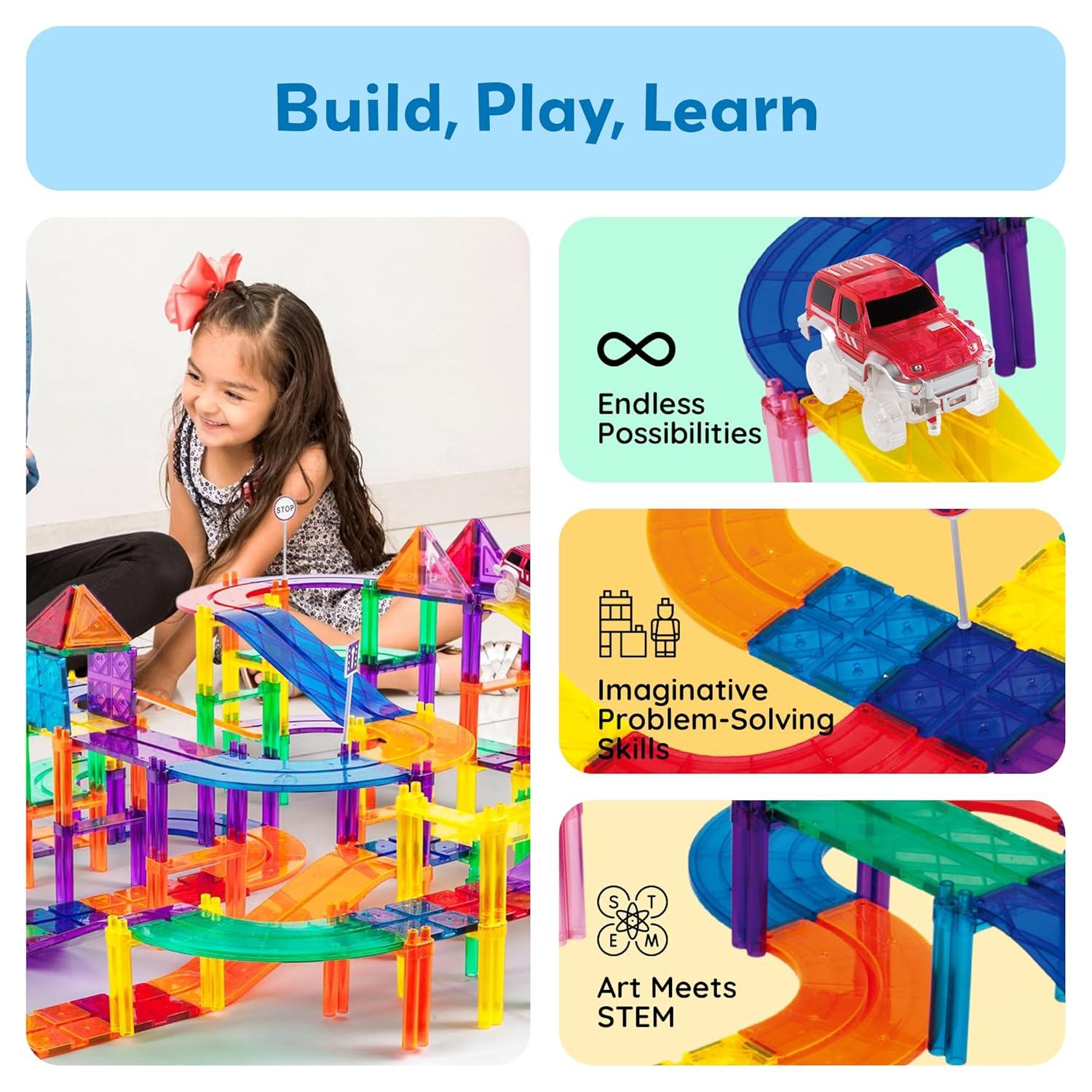PICASSO-TILES Race Track Magnetic Tiles for Kids, 128PCS with 3 Racing Cars, Construction STEM Building Blocks Educational Toy