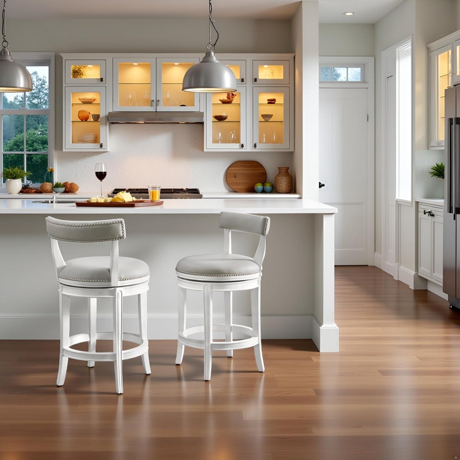 Alaterre Hanover Swivel Bar Height Stool, White and Gray, 30-Inch Seat Height, Solid Rubberwood Frame with Faux Leather Upholstery, Nailhead Trim, Memory Return Swivel, Ideal for Kitchen, Dining Area, Set of 2