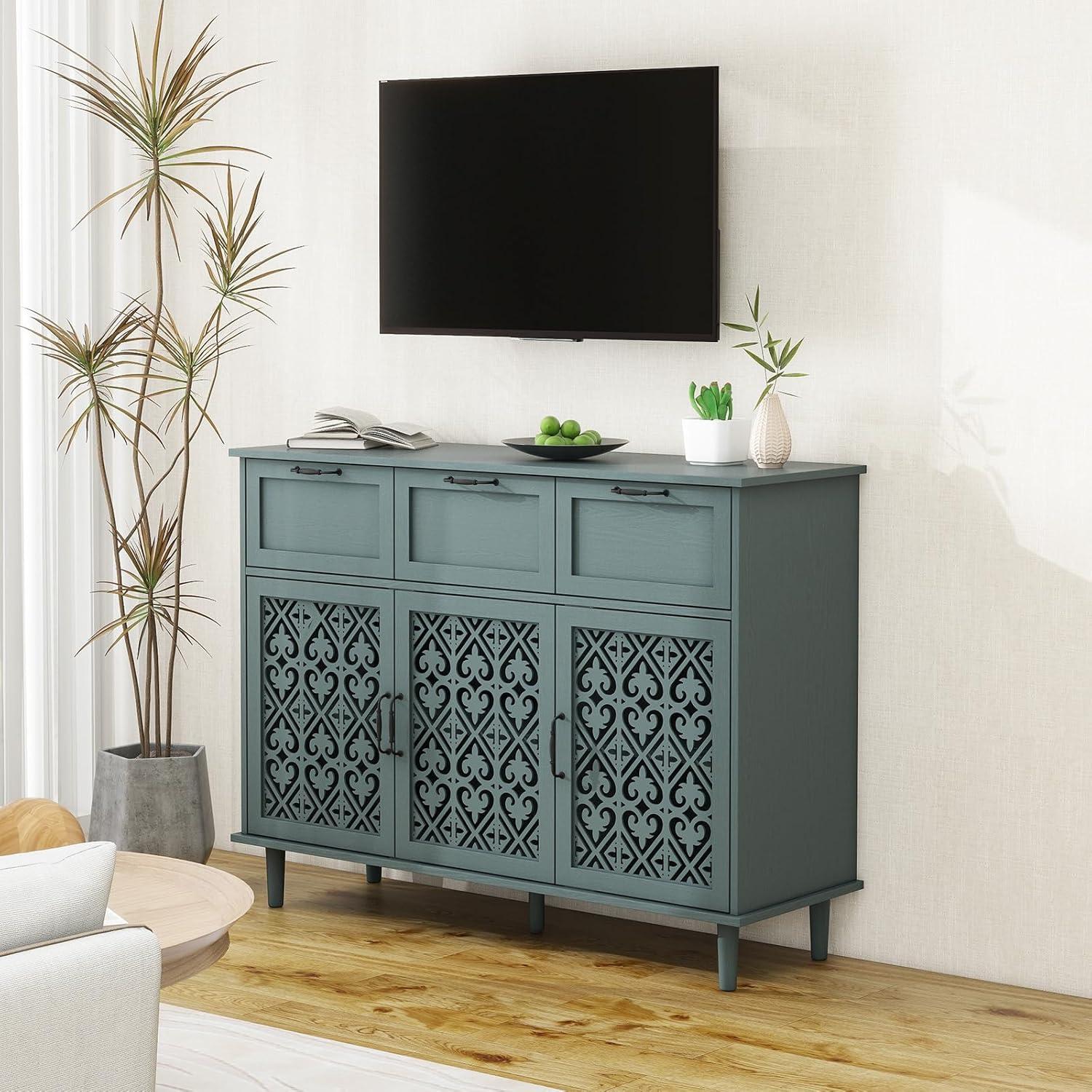 KINFFICT Sideboard Storage Cabinet with 3 Doors & 3 Drawers, Mid-Century 47"L Accent Cabinet for Living Room, Bedroom, Dark Green