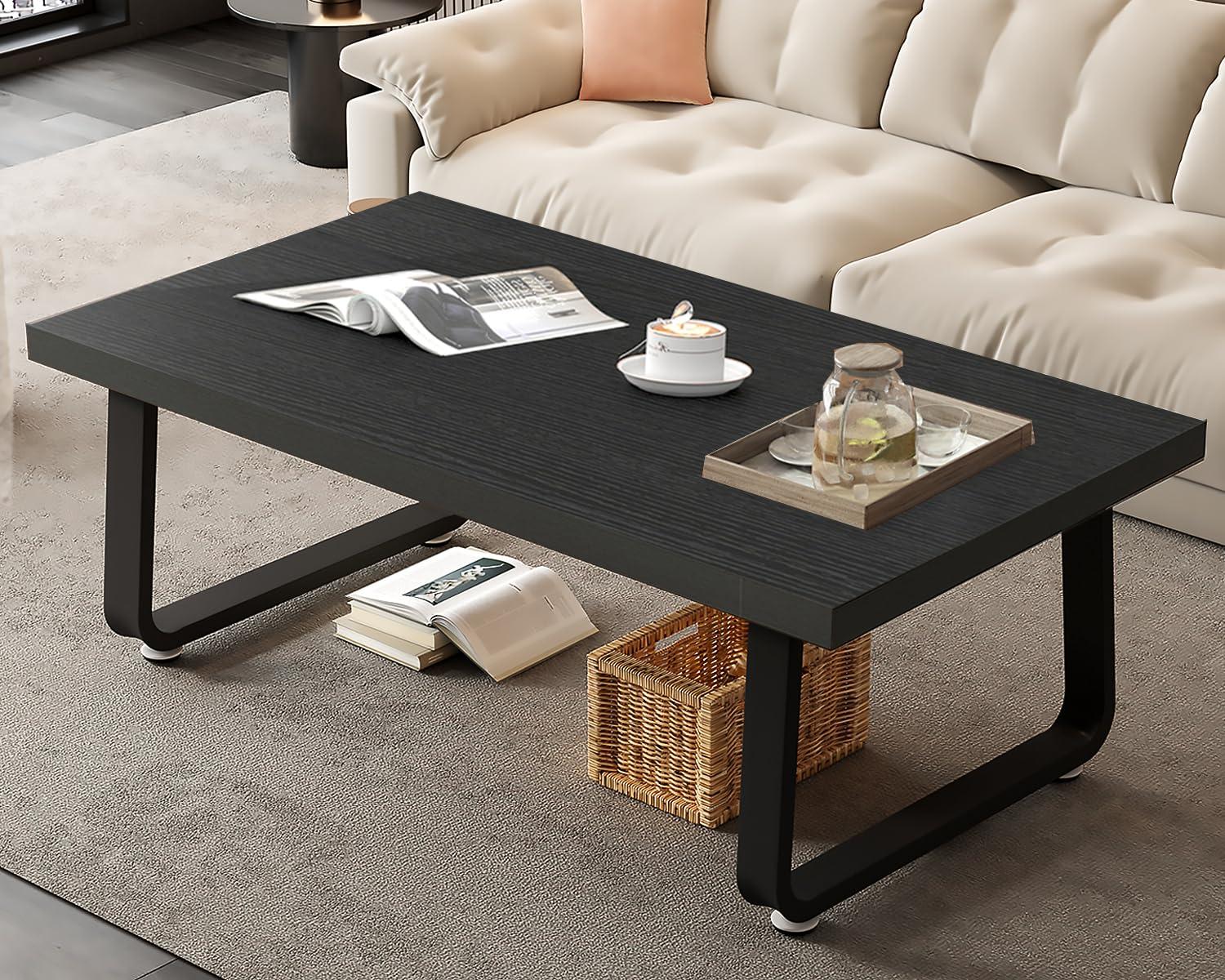 Latitude Run® Black Coffee Table, Industrial Wood And Metal Legs Center Table, Black Oak, 47 Inch