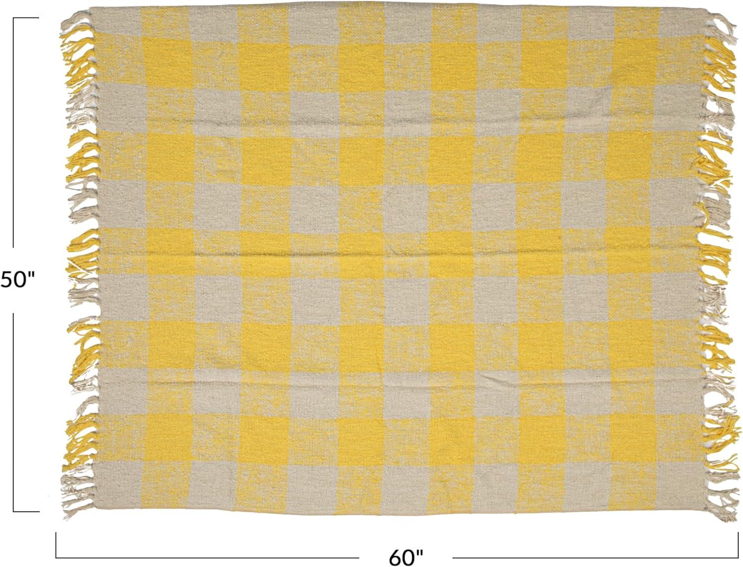 Yellow and Cream Hand-Woven Cotton Plaid Throw with Fringe