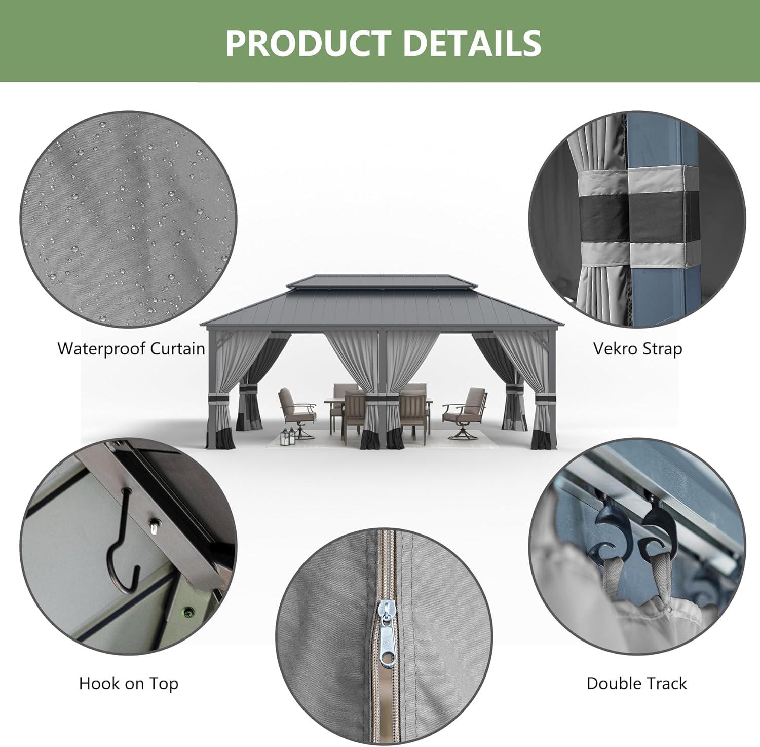 Aoxun 12x20 Hardtop Gazebo, Outdoor Galvanized Steel Double Roof Canopy with Netting and Curtains for Garden, Patio, Lawns, Gray