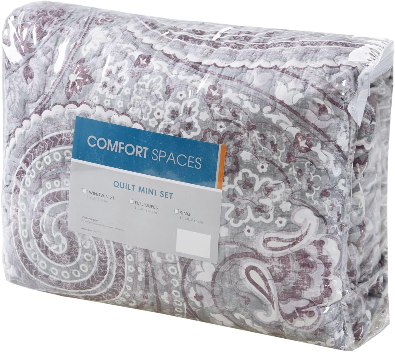 Comfort Spaces Full/Queen Size Reversible Quilt Set, 3-Piece Paisley Bedding Set for All Season, Full/Queen Lightweight Summer Comforter Set, Purple