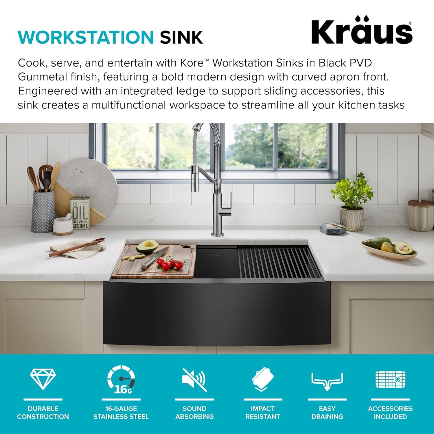 KRAUS Kore™ Workstation Farmhouse Apron Front 16 Gauge Single Bowl Kitchen Sink