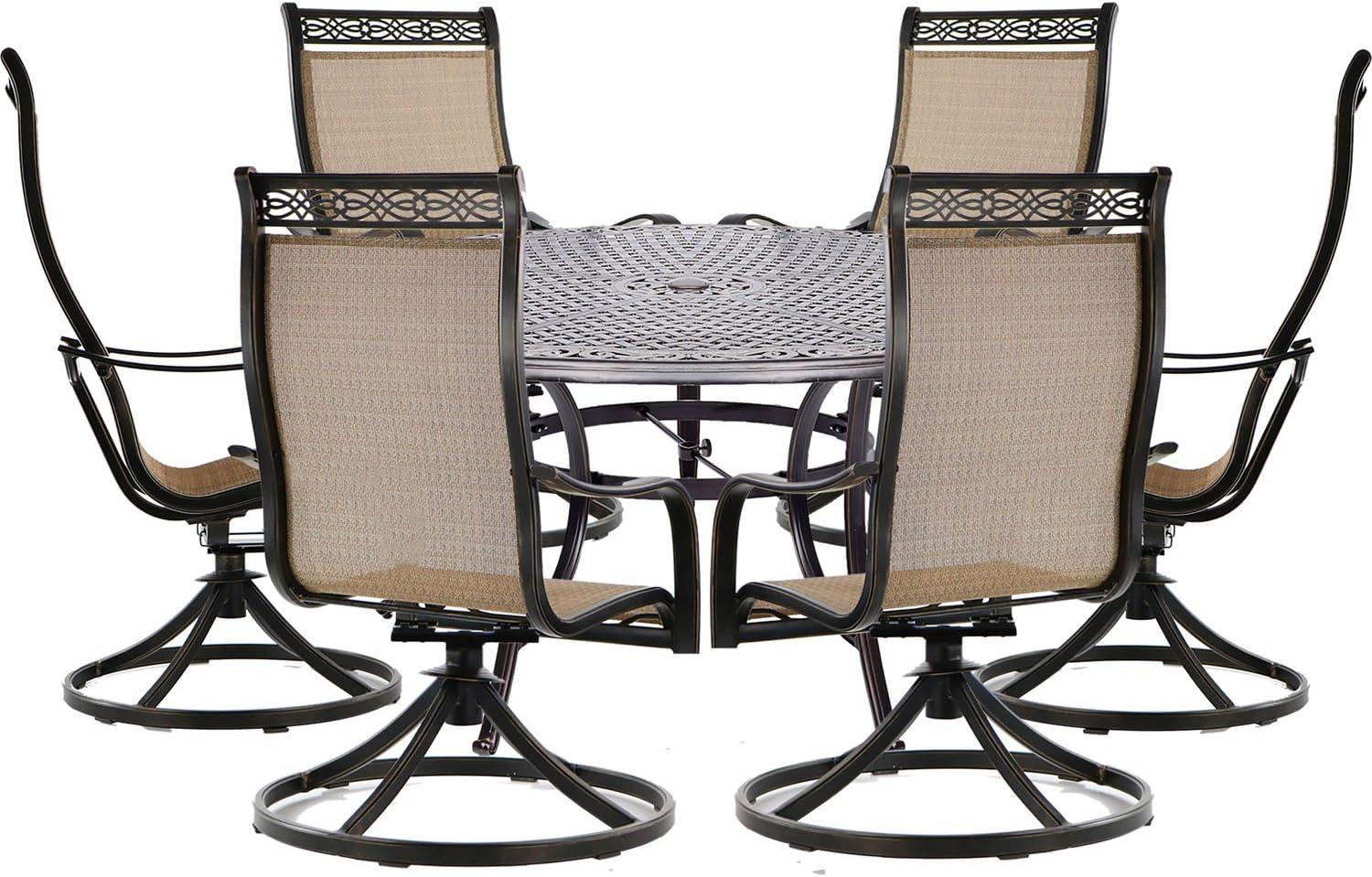 Hanover Manor 7-Piece Outdoor Dining Set in Cedar with 6 Contoured Swivel Rockers and 60" Round Cast-Top Table