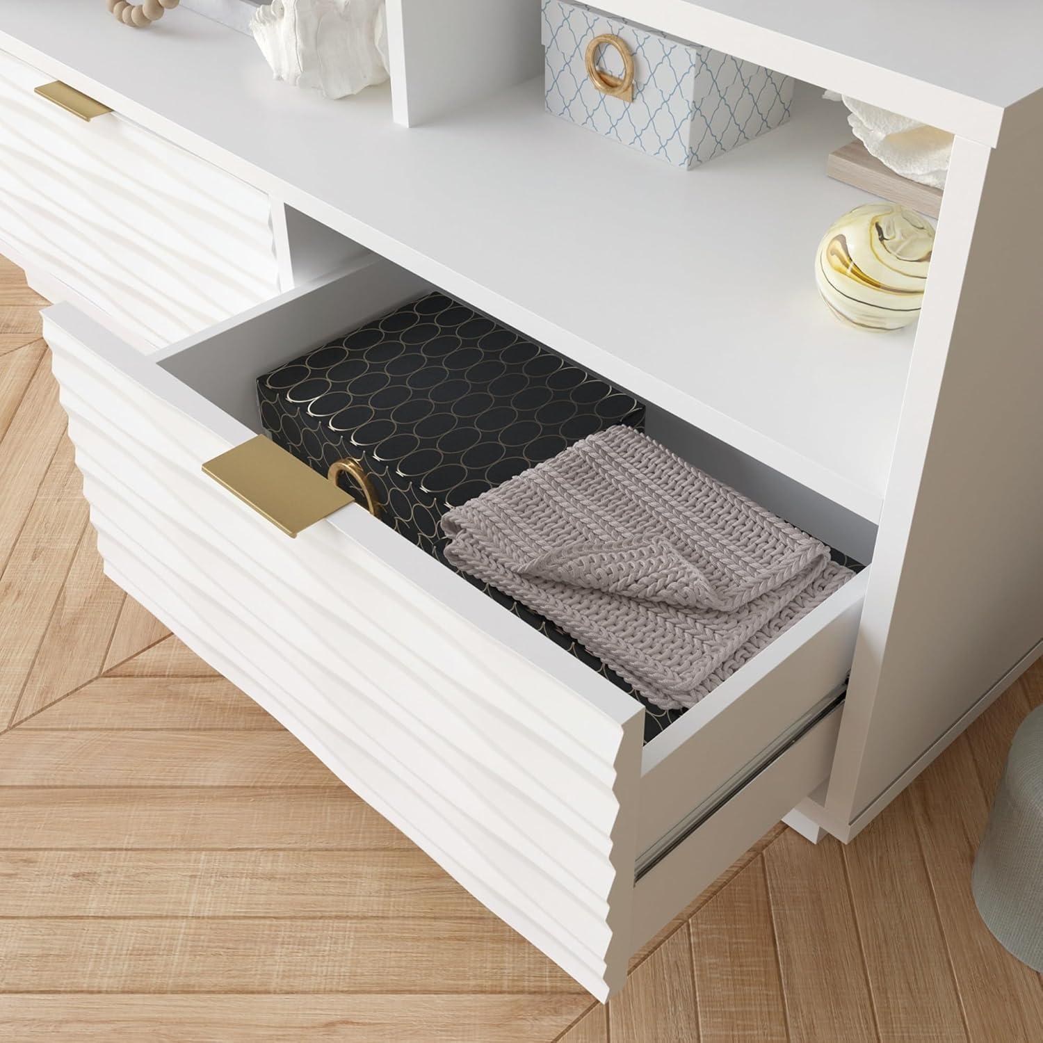 White Modern TV Stand with Drawers and Open Storage