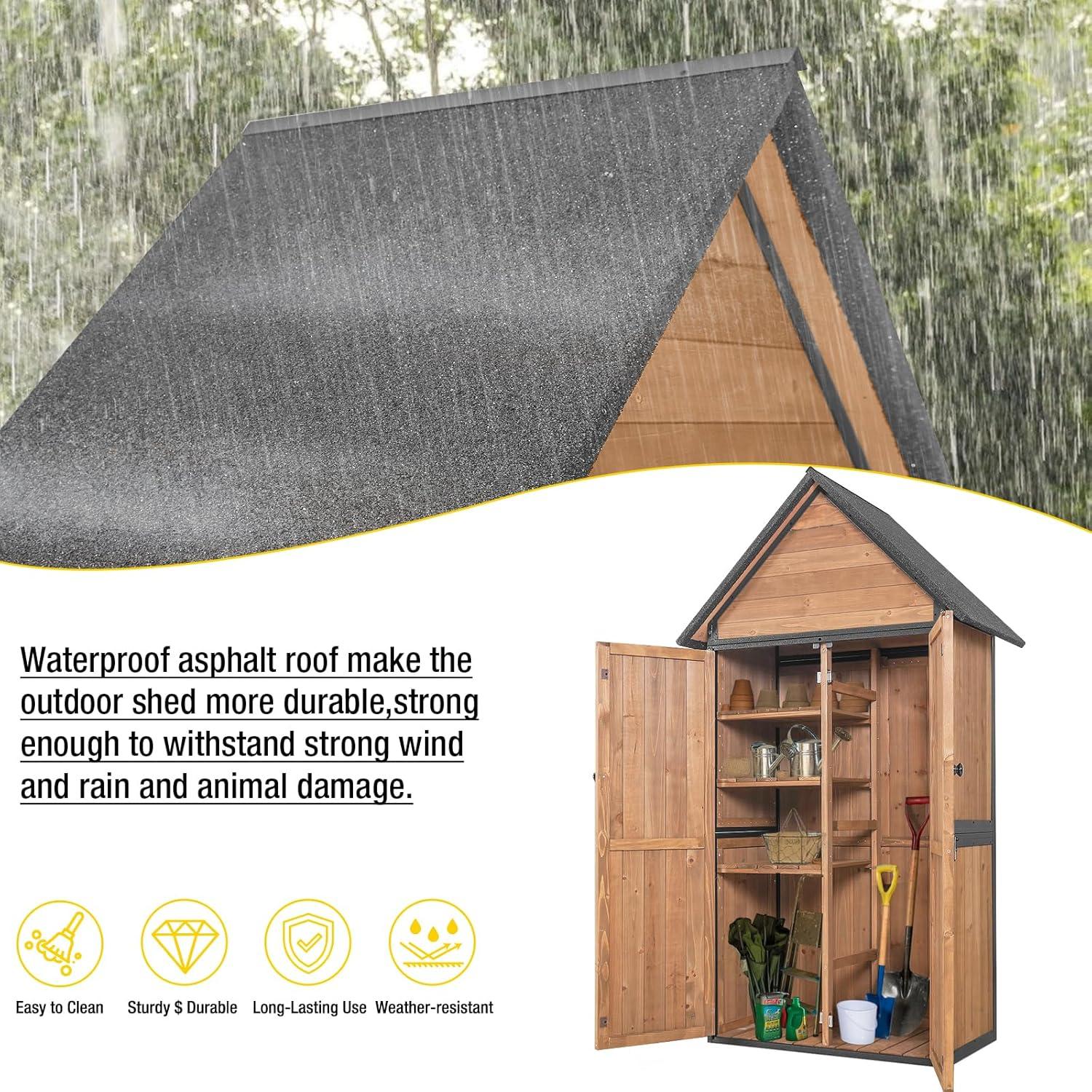 Aivituvin Storage Shed Outdoor with All-Around Strong Metal Frame Wooden Tool Cabinet with Double Doors