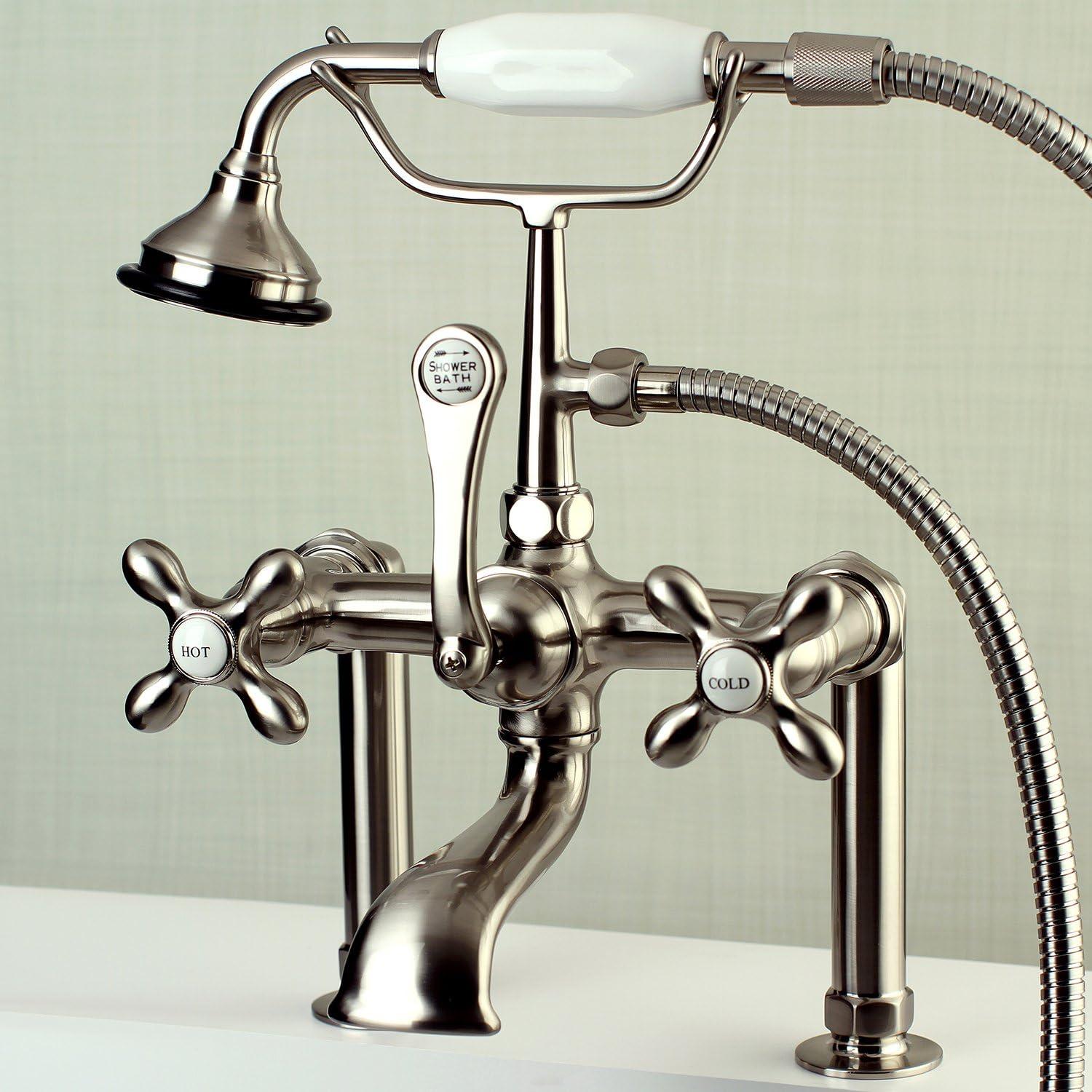 Kingston Brass Aqua Vintage Three-Handle 2-Hole Deck Mount Clawfoot Tub Faucet with Hand Shower