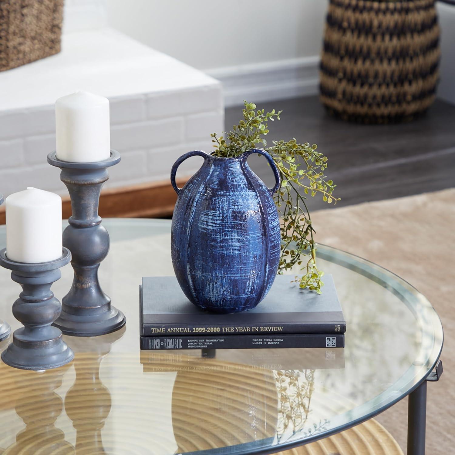 Blue Ceramic Round Table Vase with Handles