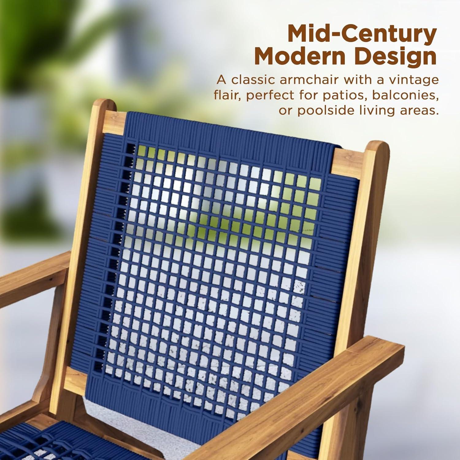 Balkene Home Patio Sense Vega Natural Stain Chair ,Acacia Wood Construction ,Woven Web Seat- Navy Blue Cording