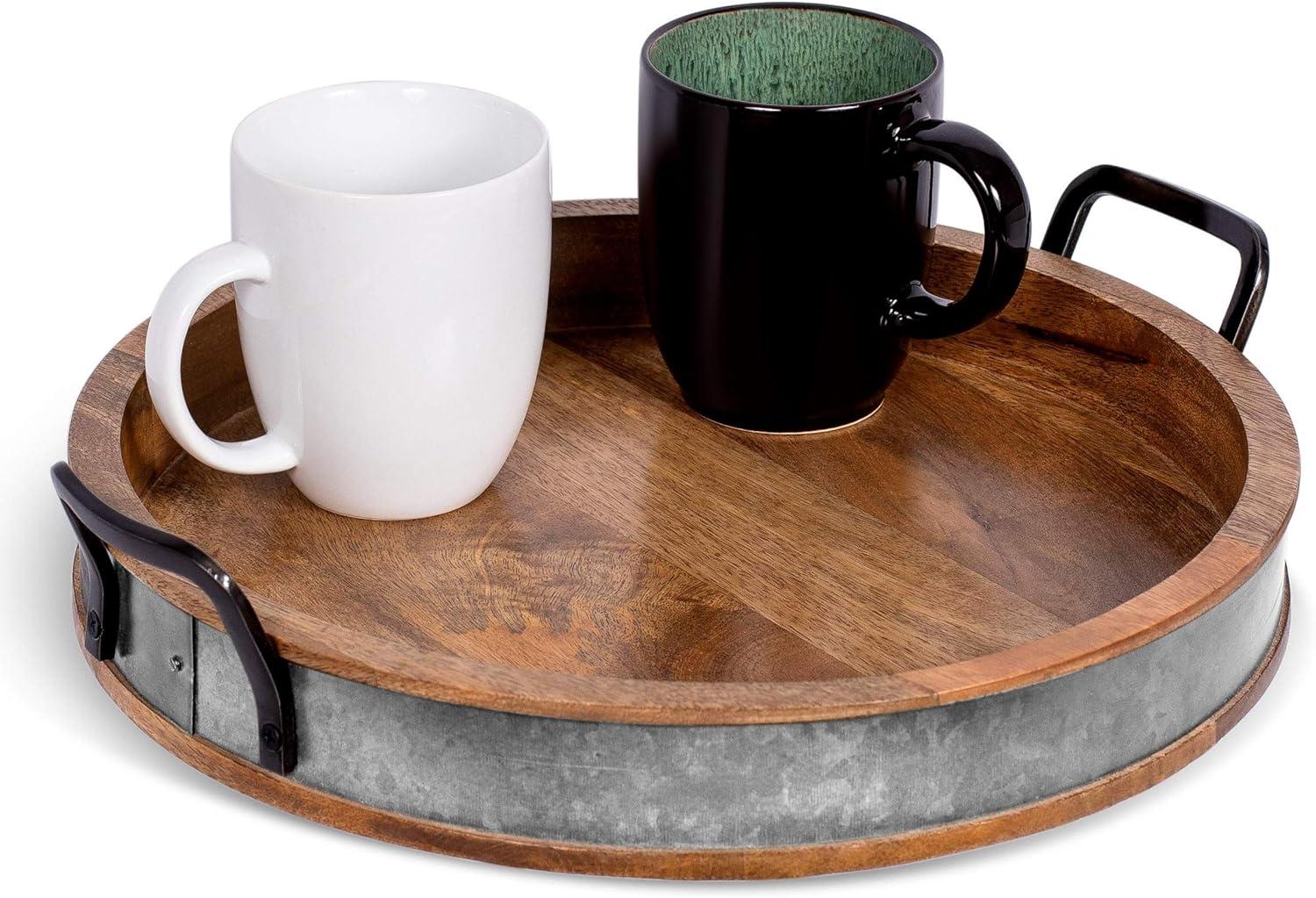 Large Round Wooden Breakfast Tray with Iron Handles