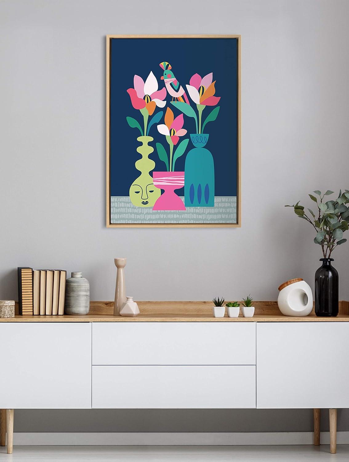 Mid-Century Modern Tropical Floral Canvas Art with Natural Frame