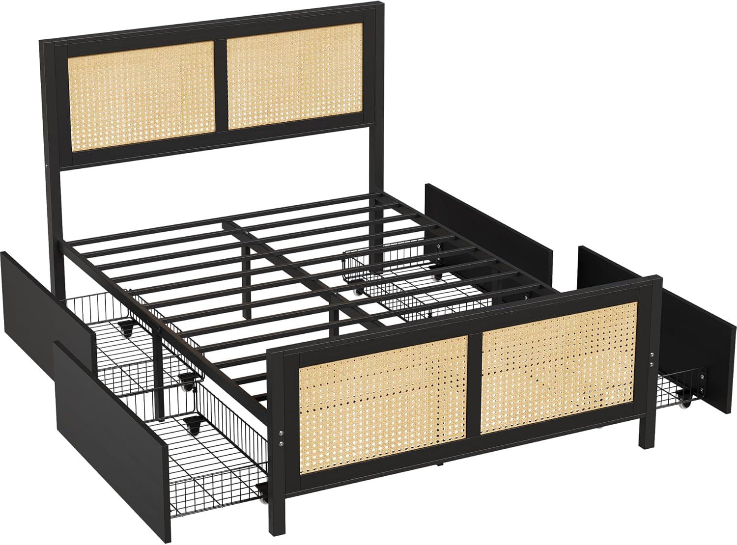 Garvee Rattan Bed Frame with Headboard, Full Bed Frame with Strong Metal Slats Support, Noise-Free Design, No Box Spring Needed, Black