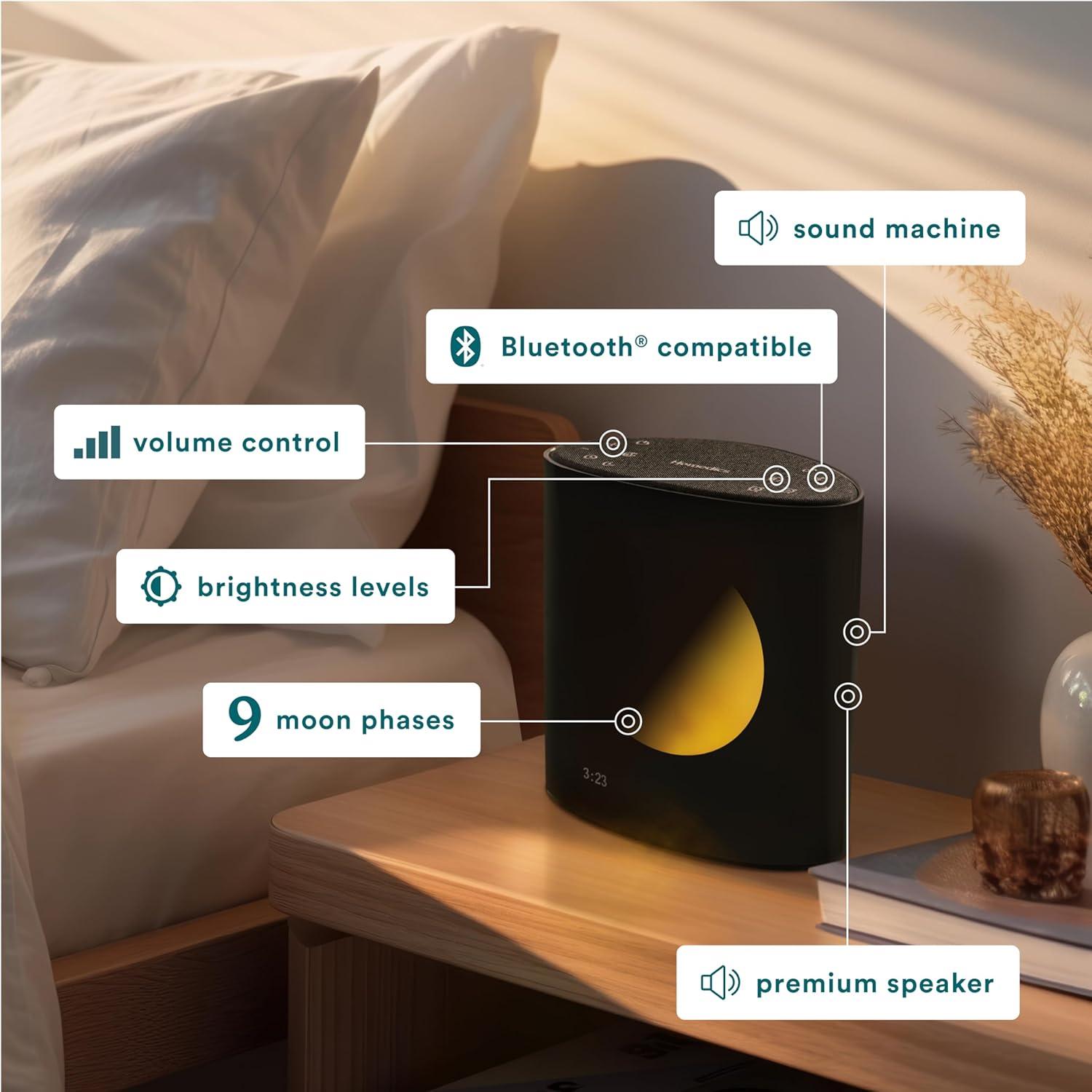 Homedics Sound Sleep Moon Dream Sound Machine & Clock, Moon display mirrors lunar cycles to enhance sleep, 18 Sounds