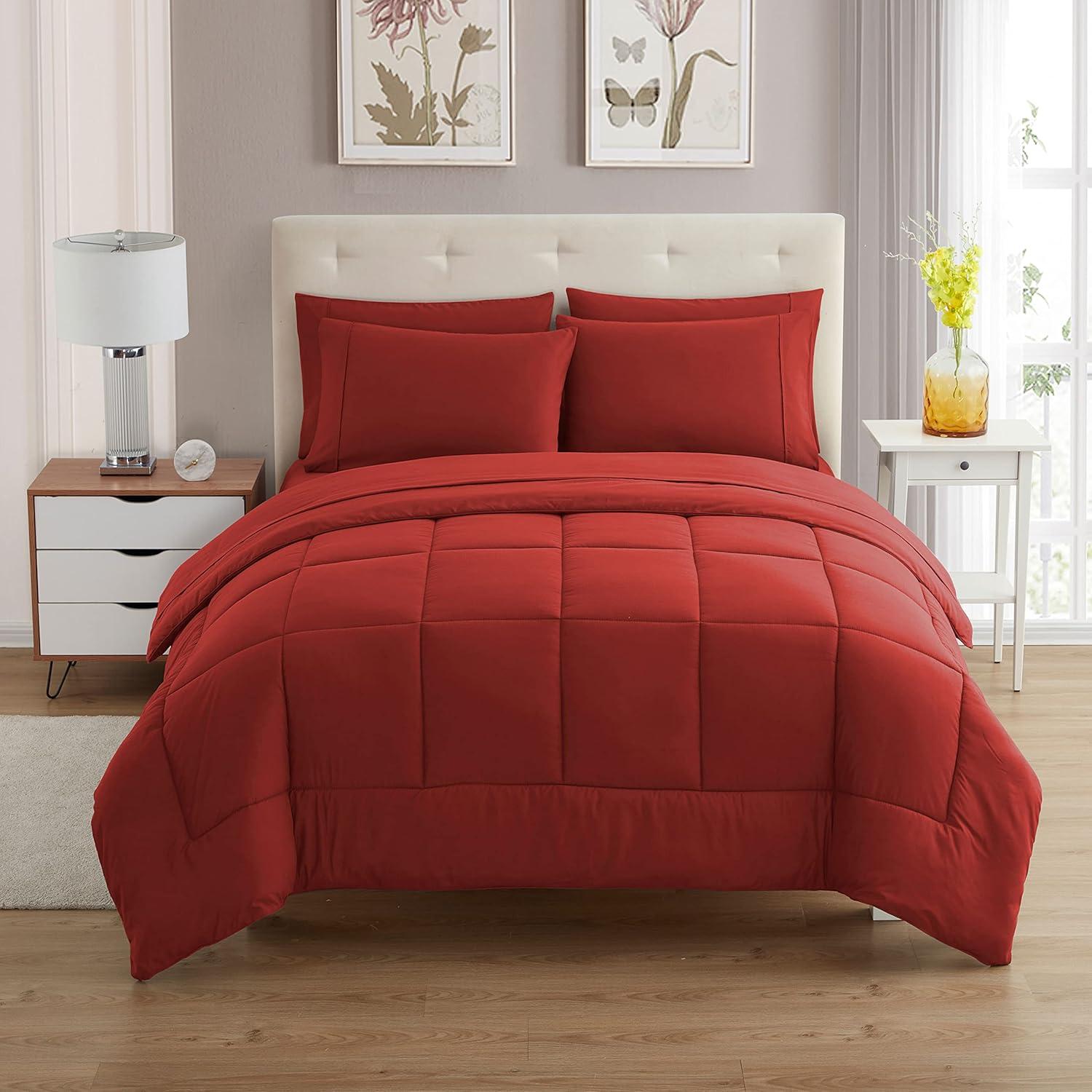 Bed-in-A-Bag Solid Color Comforter & Sheet Set Soft All Season Bedding, King, Red