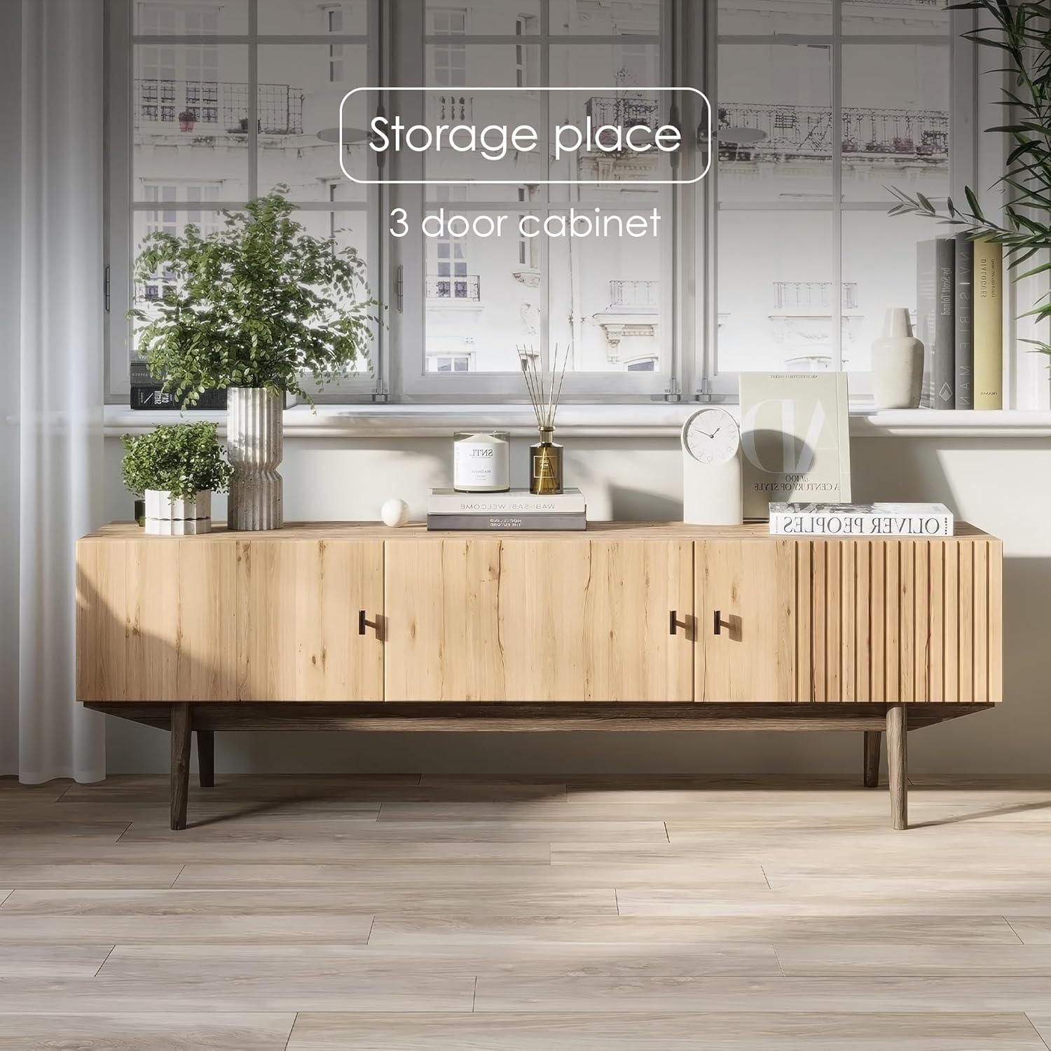 Living Skog  Chelsea Brown TV Stand Fits for TV's up to 65 in. with Slatted Design and Wood Legs light brown Matte Laminate
