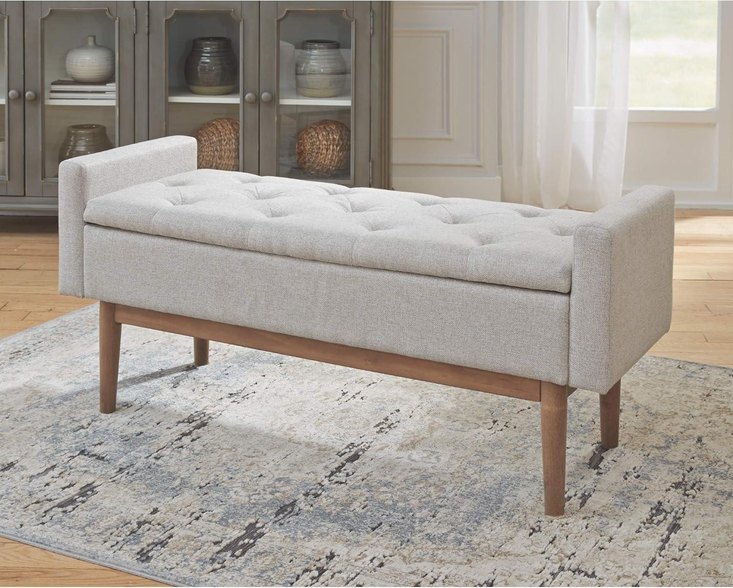 Beige and Brown Tufted Upholstered Storage Bench with Wood Legs