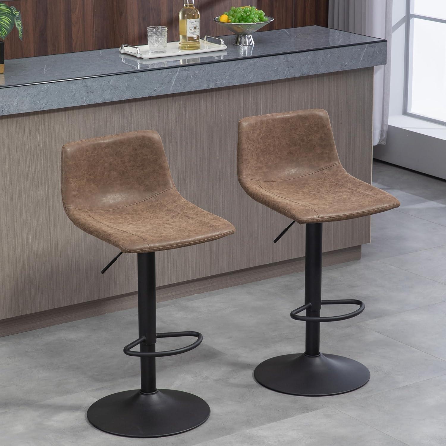 Adjustable Brown Leather Swivel Bar Stools with Footrest