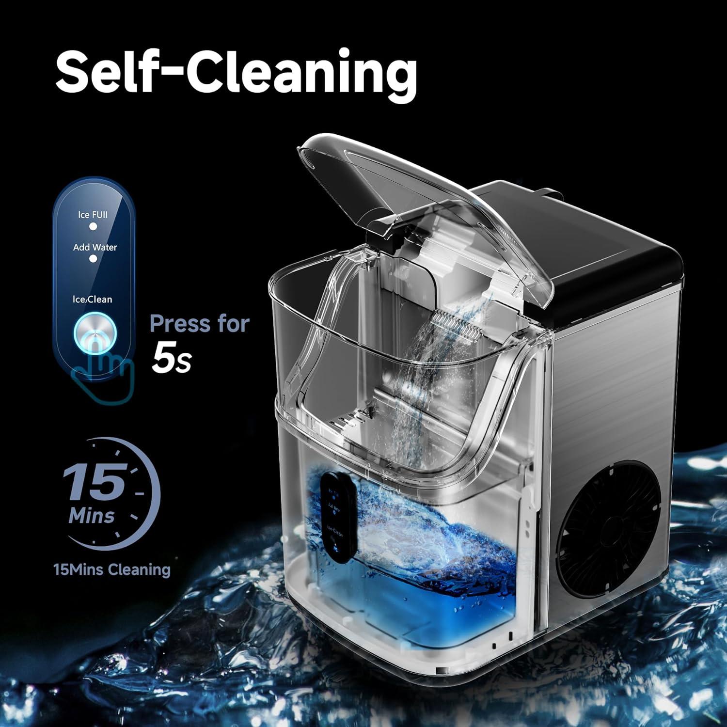 Stainless Steel Countertop Nugget Ice Maker with Self-Cleaning