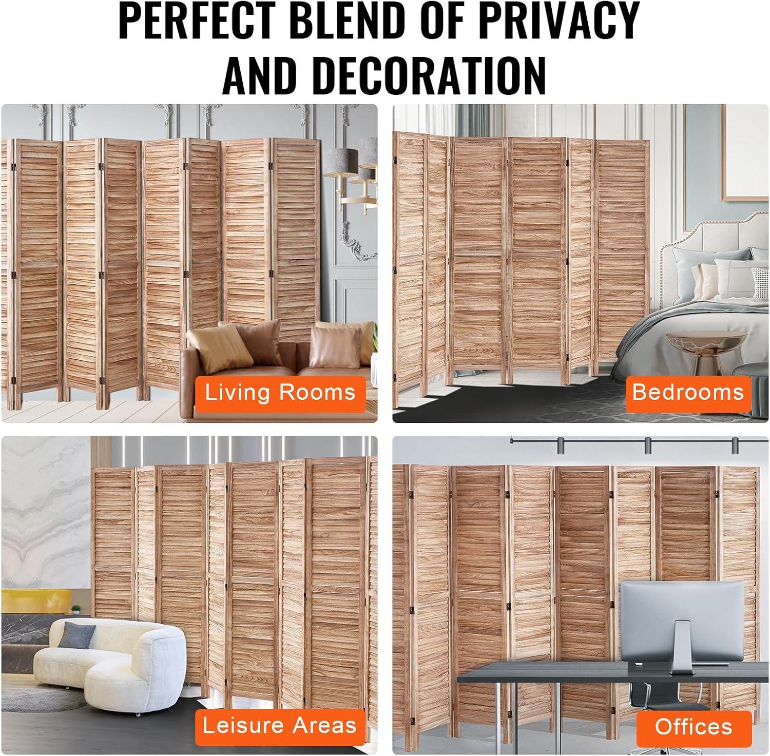 Wood Room Divider, 8 Panel Wood Folding Privacy Screen, 66.9 in. Tall Indoor Louvered Wooden Partition, Portable