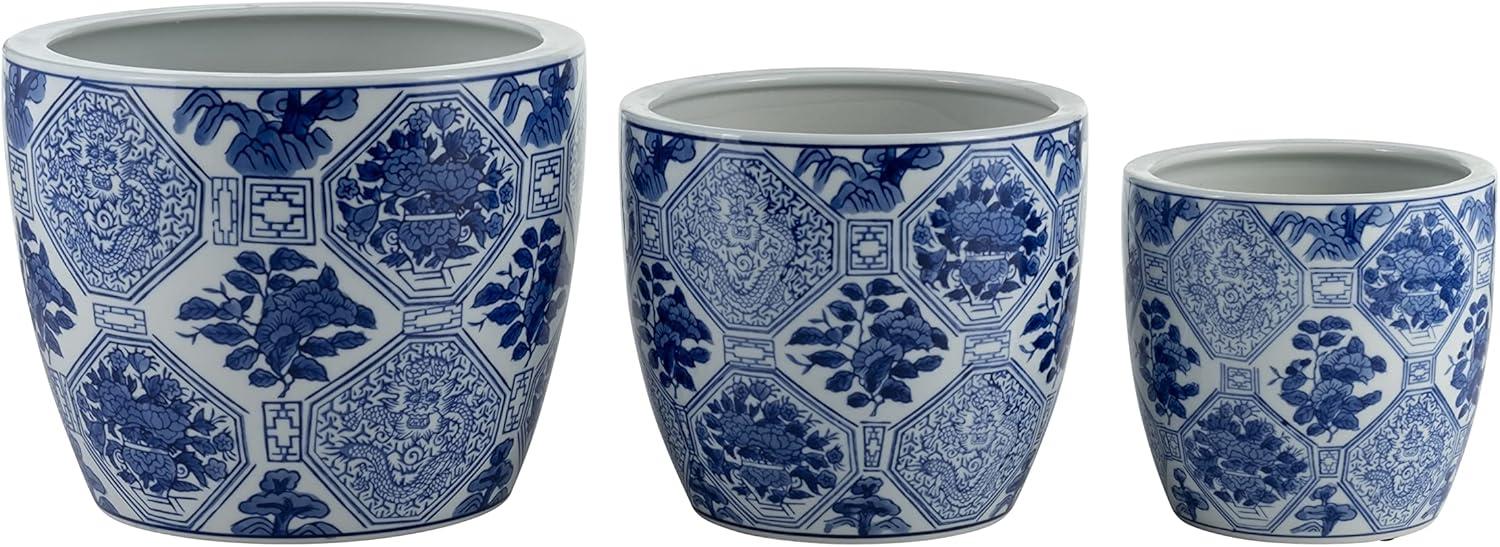 Sagebrook Home 3pc Chinoiserie Ceramic Indoor Outdoor Planter Pots Blue/White: Rust-Resistant, Hand-Painted, No Drainage Holes