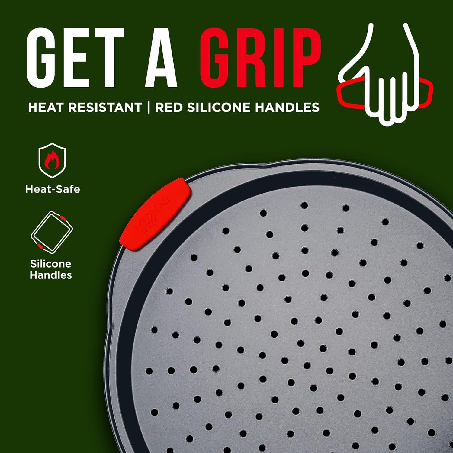 Non-Stick Carbon Steel Perforated Pizza Pans with Silicone Handles