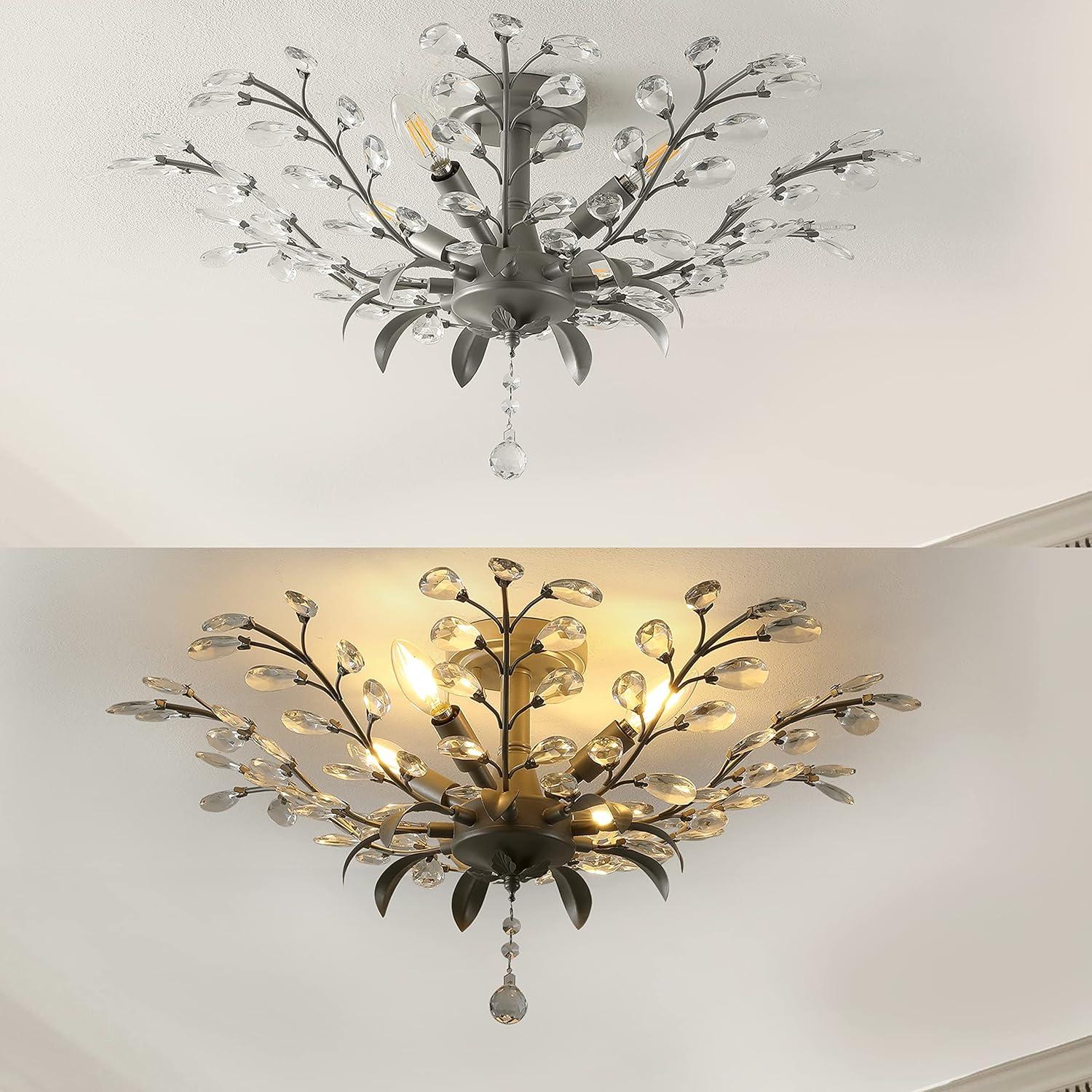 Bohemian Silver Crystal 26" LED Antler Ceiling Light