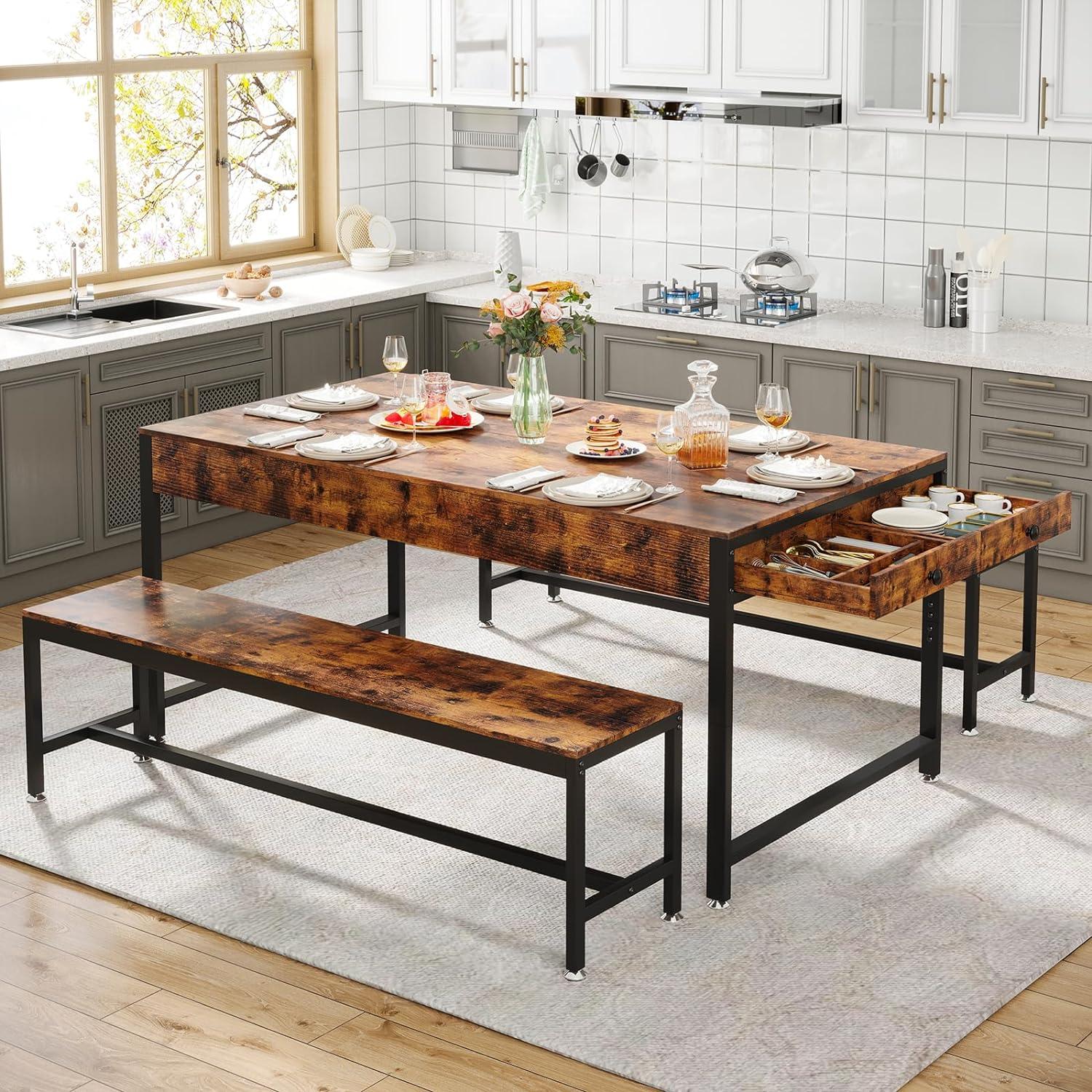 Zubie 63"Dining Table Set for 4-6, 3-Piece Kitchen Table with 2 Utensil Drawers,2 Benches&Wine Rack
