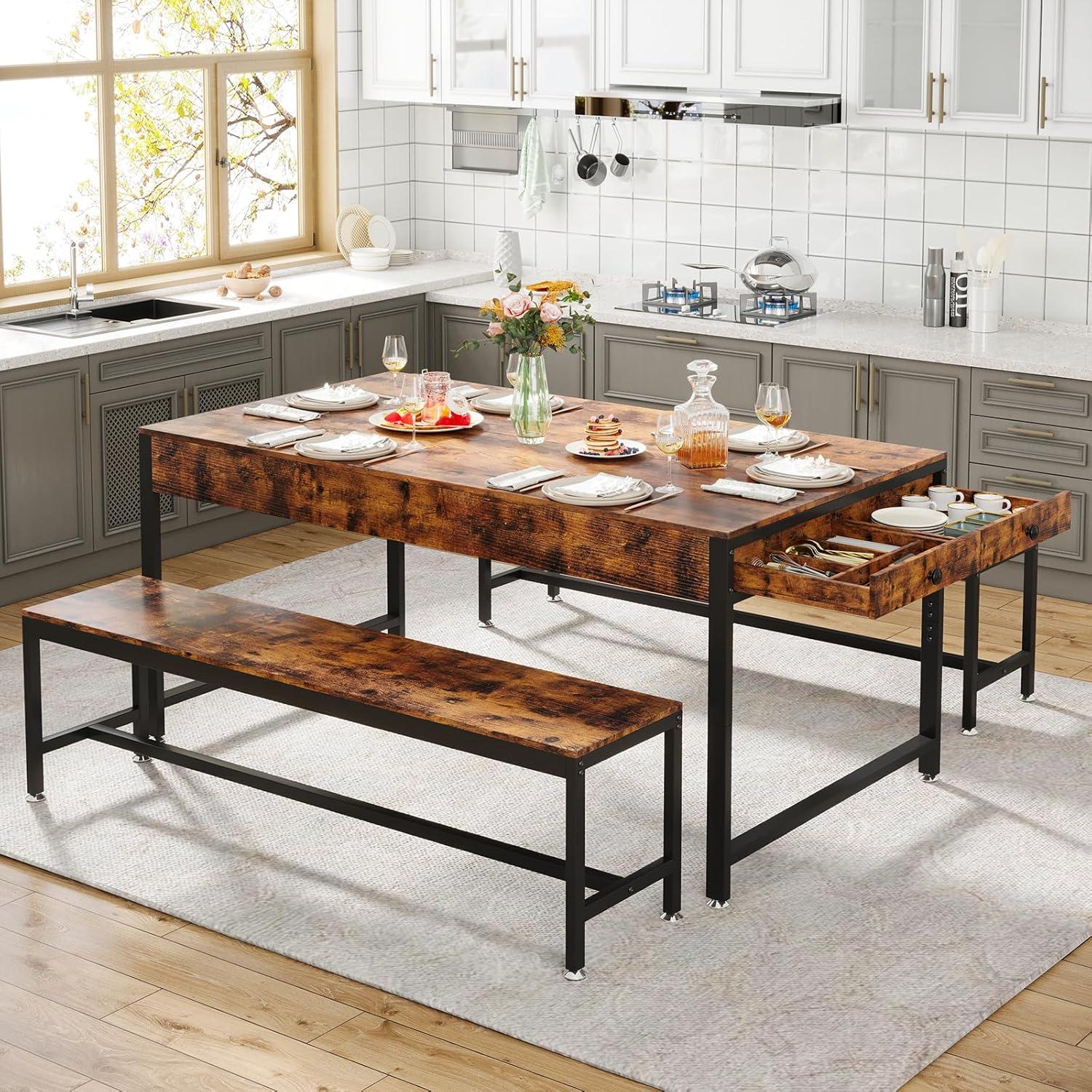 17 Stories Zubie 63"Dining Table Set for 4-6, 3-Piece Kitchen Table with 2 Utensil Drawers,2 Benches&Wine Rack