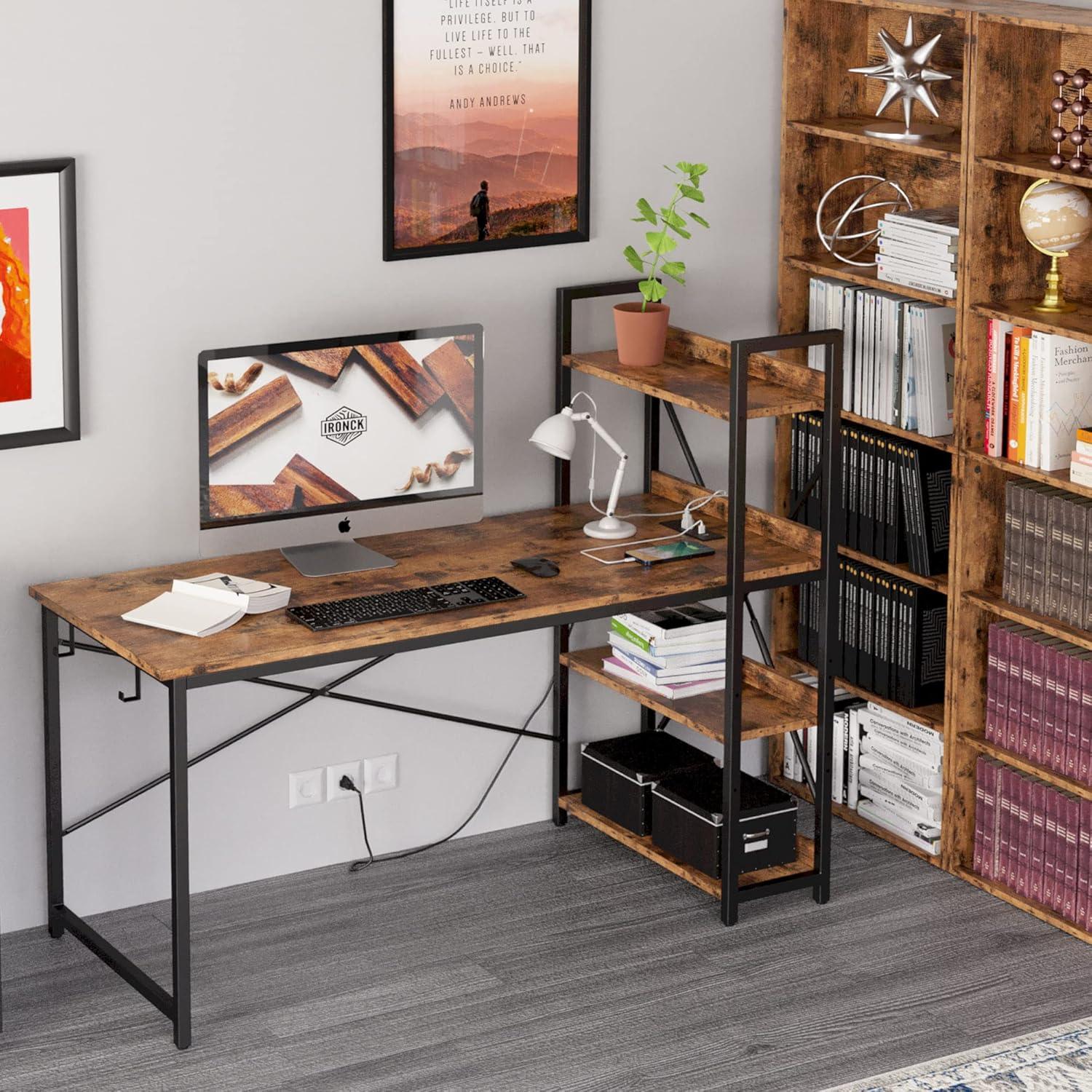 Rustic Brown 55" Industrial Computer Desk with Power Outlet and Shelves